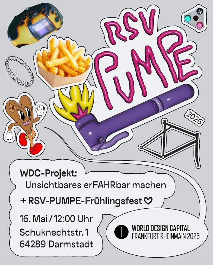 Collage aus Pommes Frites einem Schweißerhelm, einem Fahrradreifen, einem Herz und einer Fahrradpumpe mit dem Schriftzug RSV Pumpe
