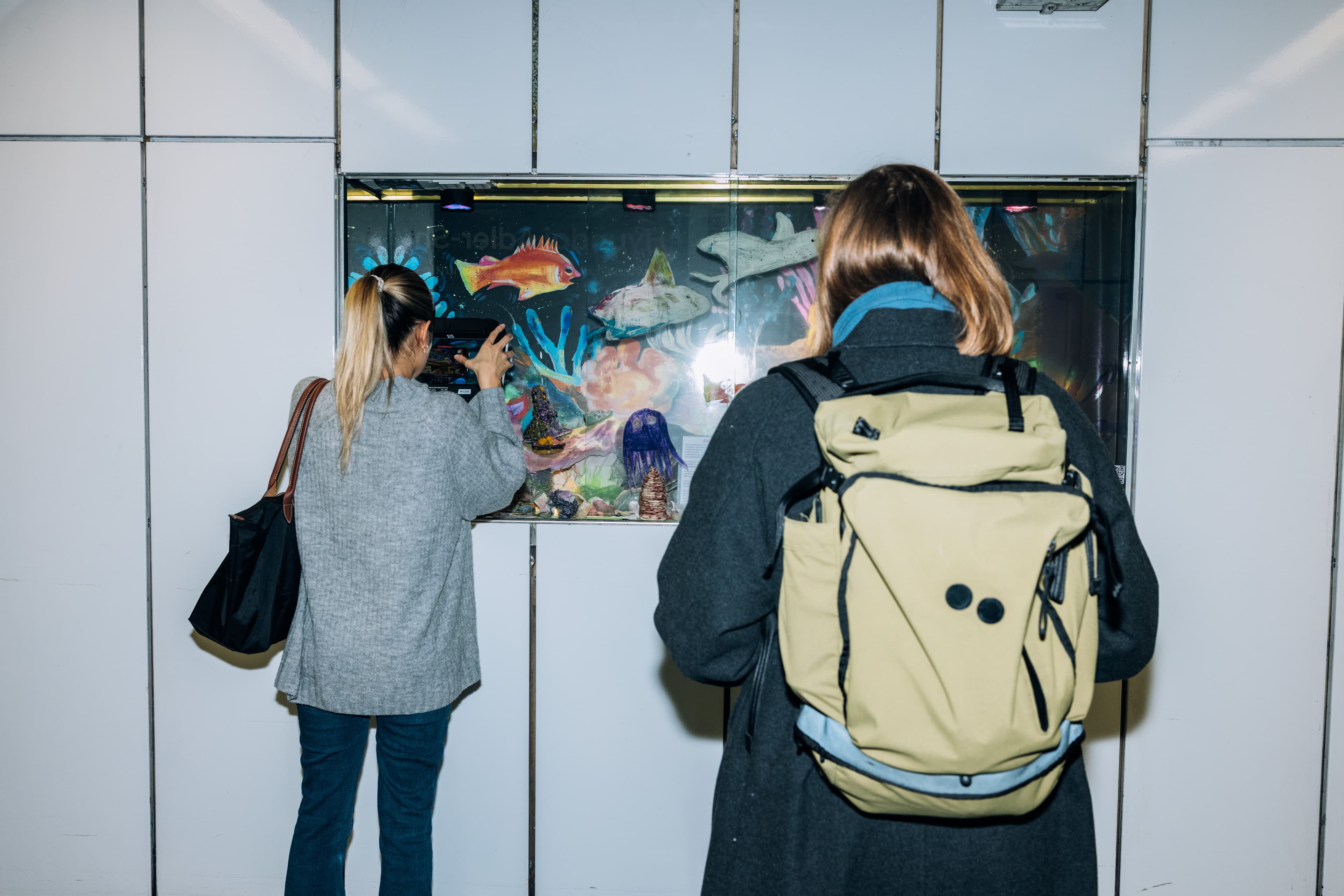 Besucher schauen sich die Schaukästen mit Kunstaktionen des Projekts "Domäne S" in der Frankfurter Hauptwache an.