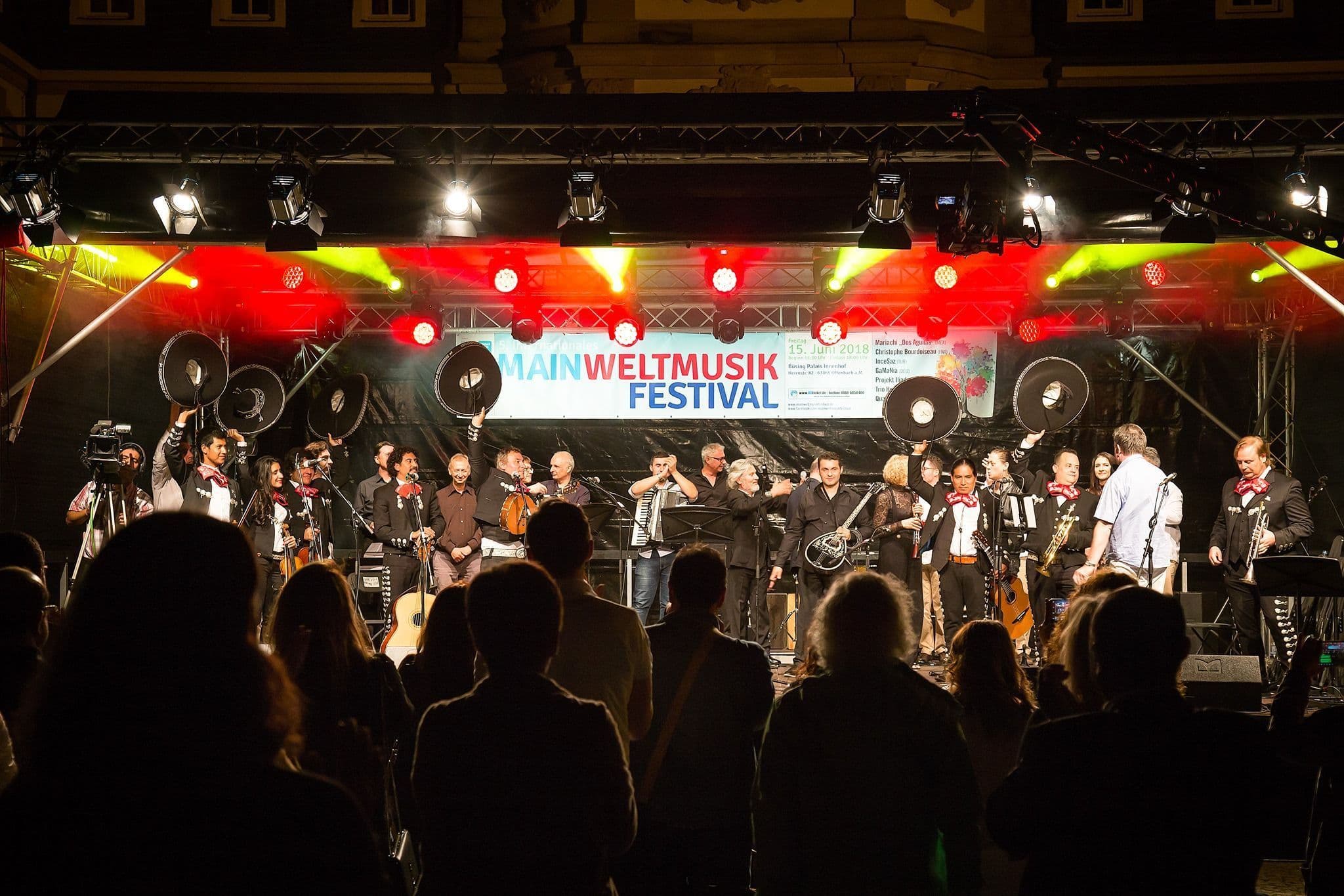 Auf einer erleuchteten Bühne steht eine große Band, die vom Publikum aus betrachtet wird.