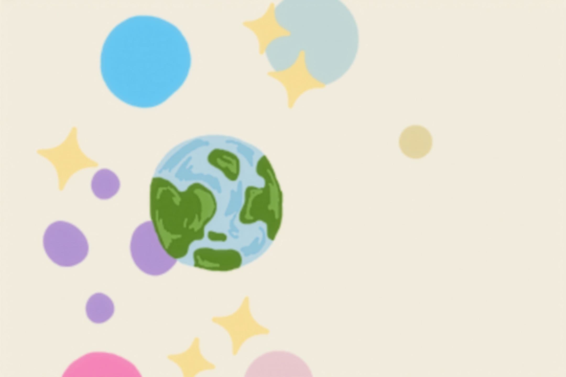 Illustration einer Weltkugel im Universum zwischen Sternen und bunten Planeten