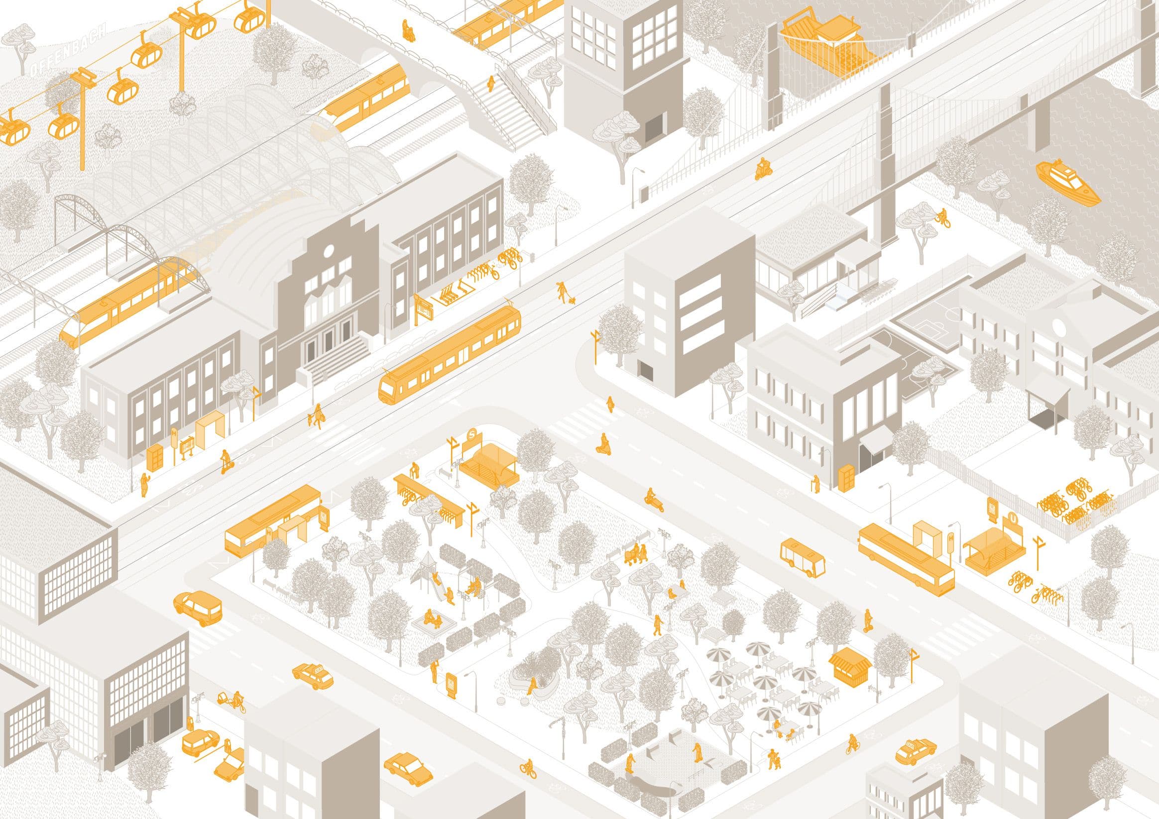 Illustration einer Stadt mit ihren unterschiedlichen Arten der Mobilität