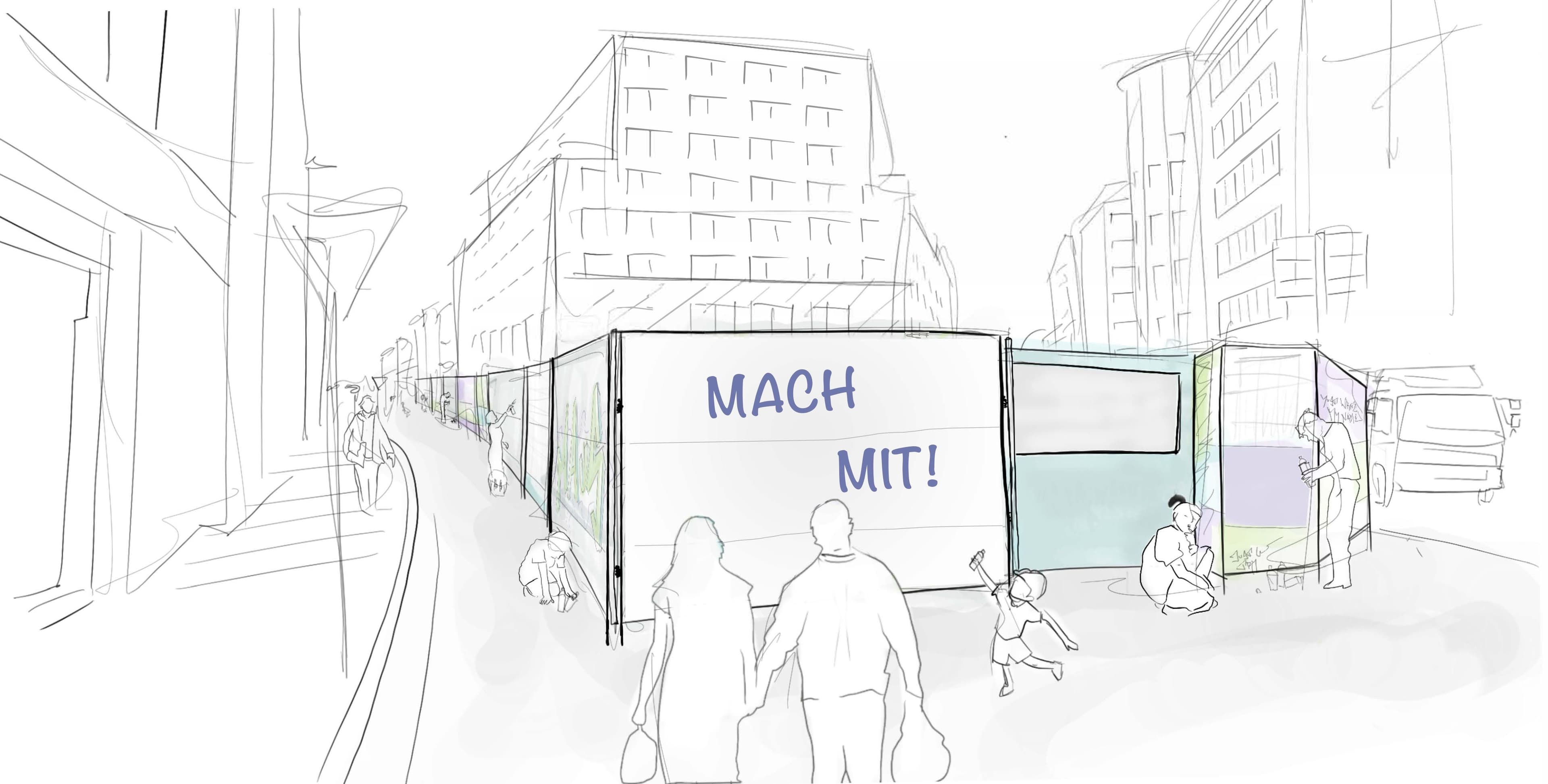 Illustration einer Stadtansicht in der ein Schriftzug "Mach mit" steht.
