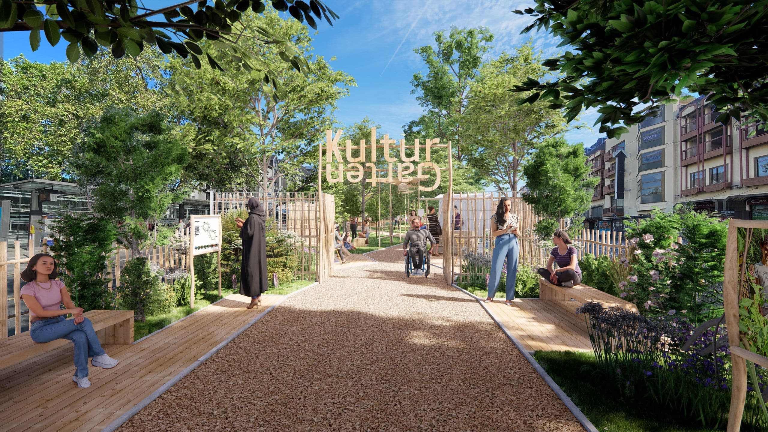 Visualisierung eines Stadtgartens in dem Menschen sitzen und sich unterhalten