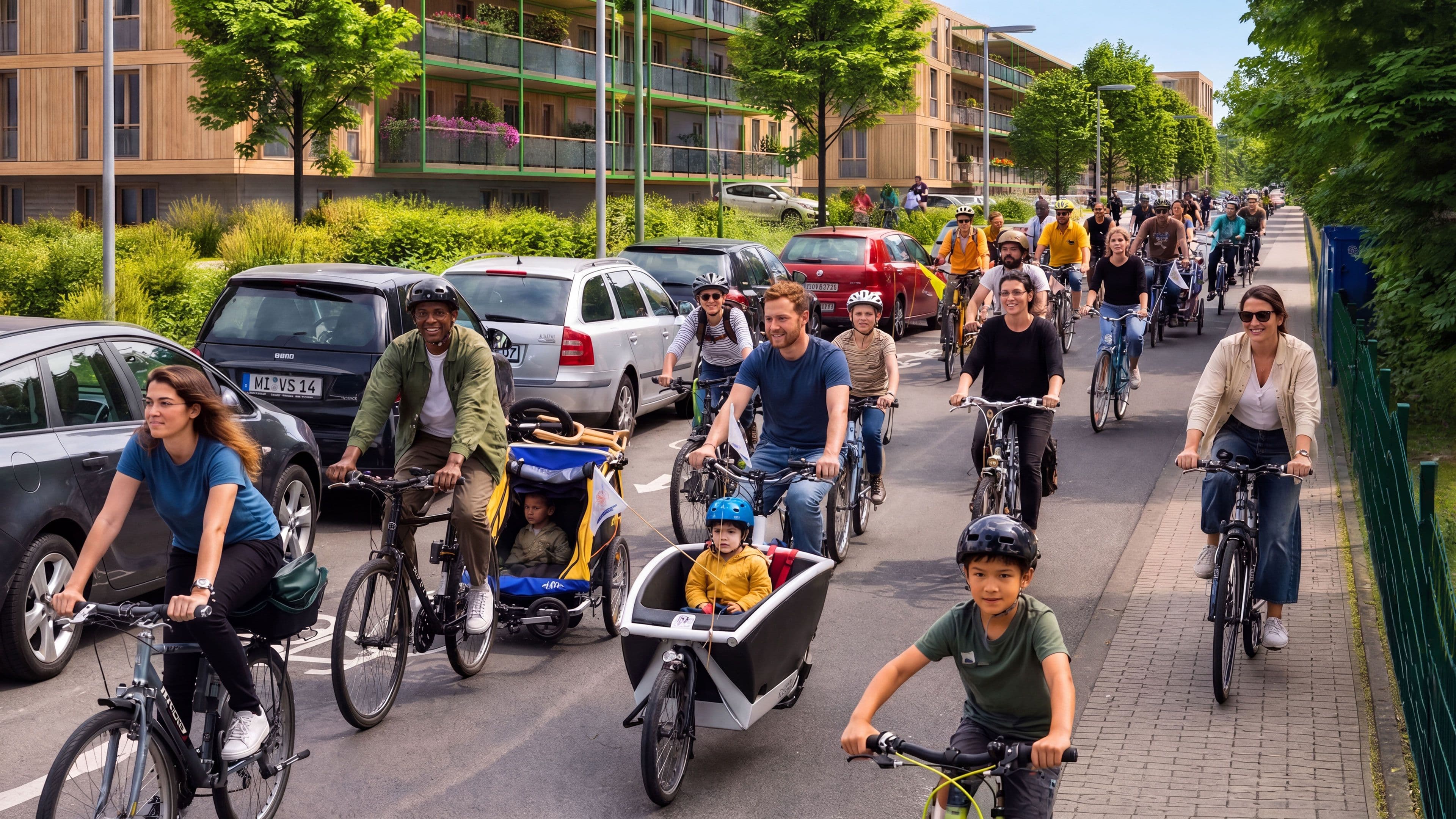 Eine gemischte Gruppe Menschen fährt auf dem Fahrrad durch ein Wohngebiet