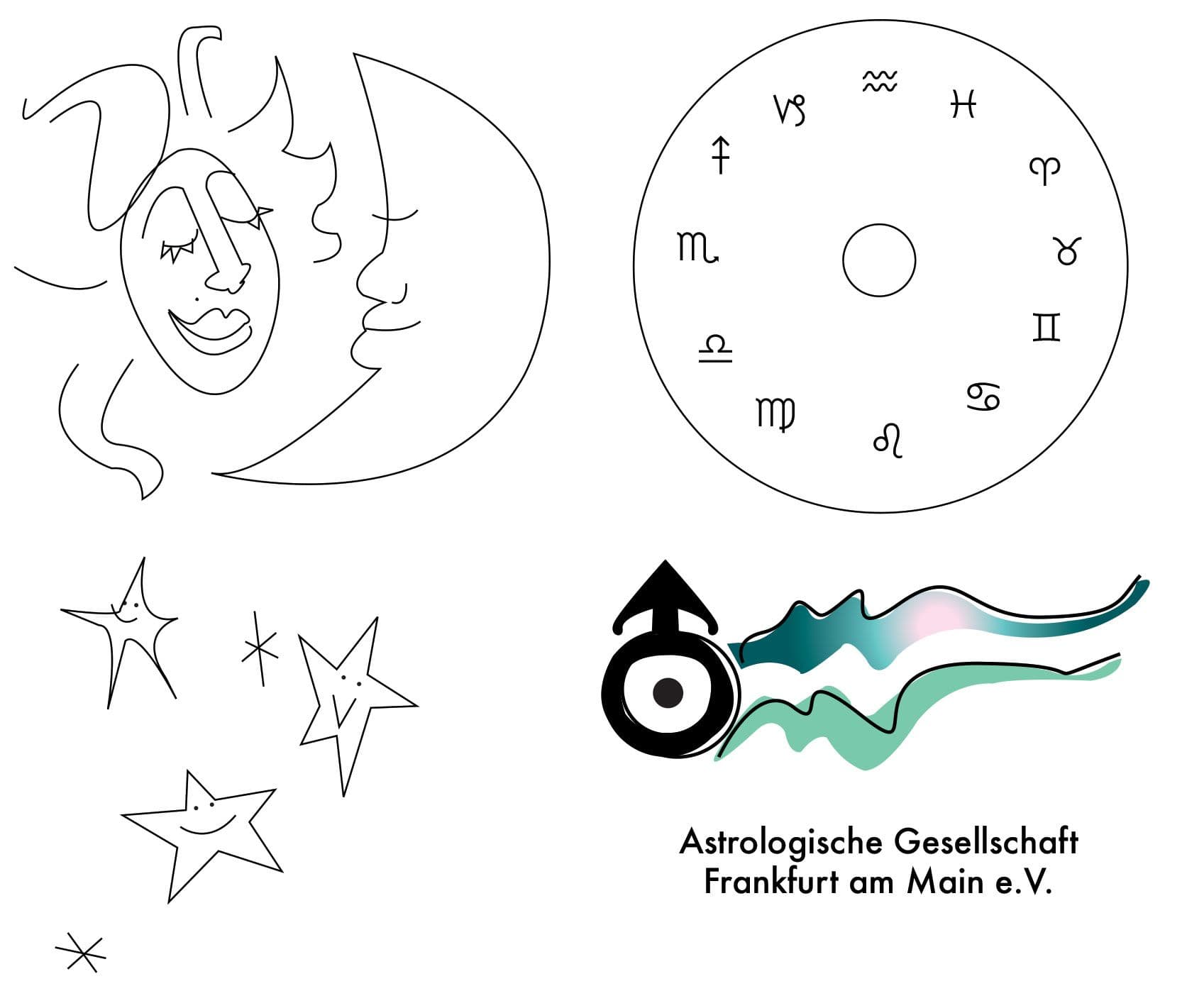 Neben dem Logo der astrologischen Gesellschaft sind verschiedene schwarz-weiß Illustrationen zu erkennen.