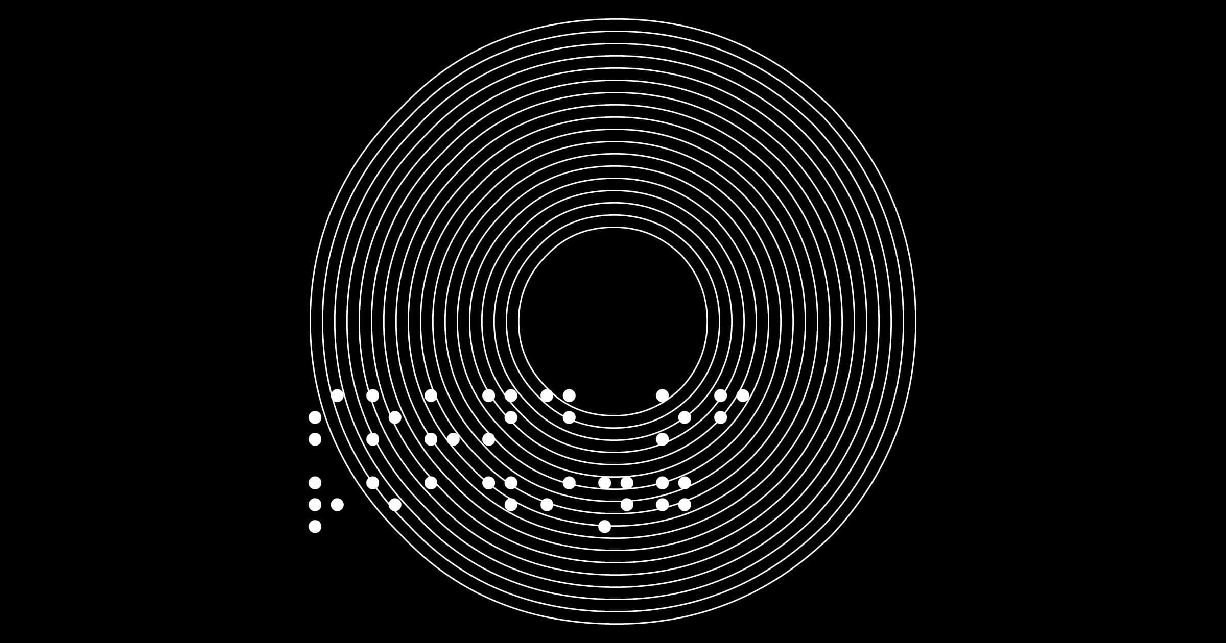 Ein Kreis auf schwarzem Hintergrund mit Braille-Schrift.