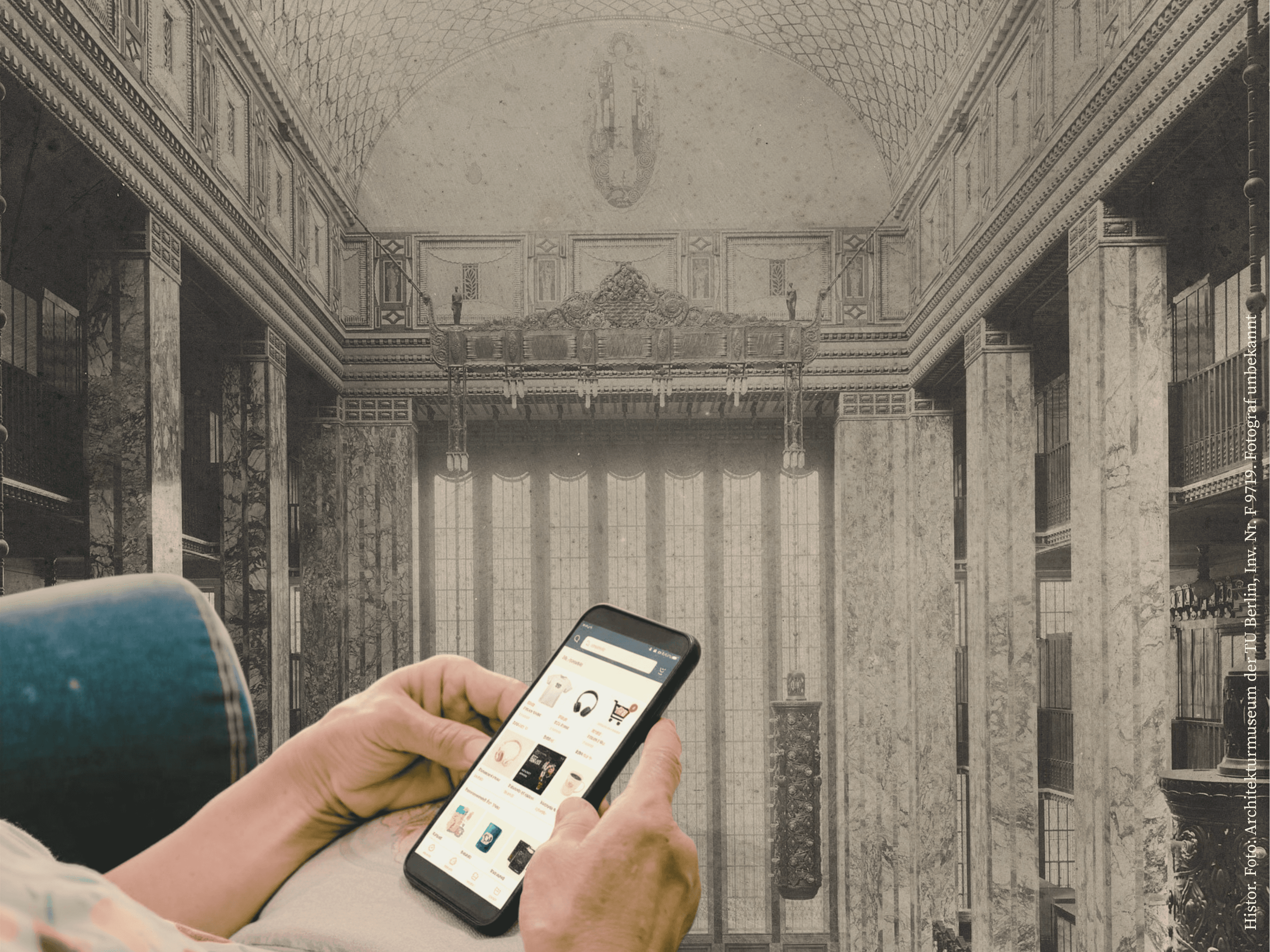 Eine Collage zeigt Hände die ein Smartphone nutzen, dahinter ist eine historische Halle zu sehen