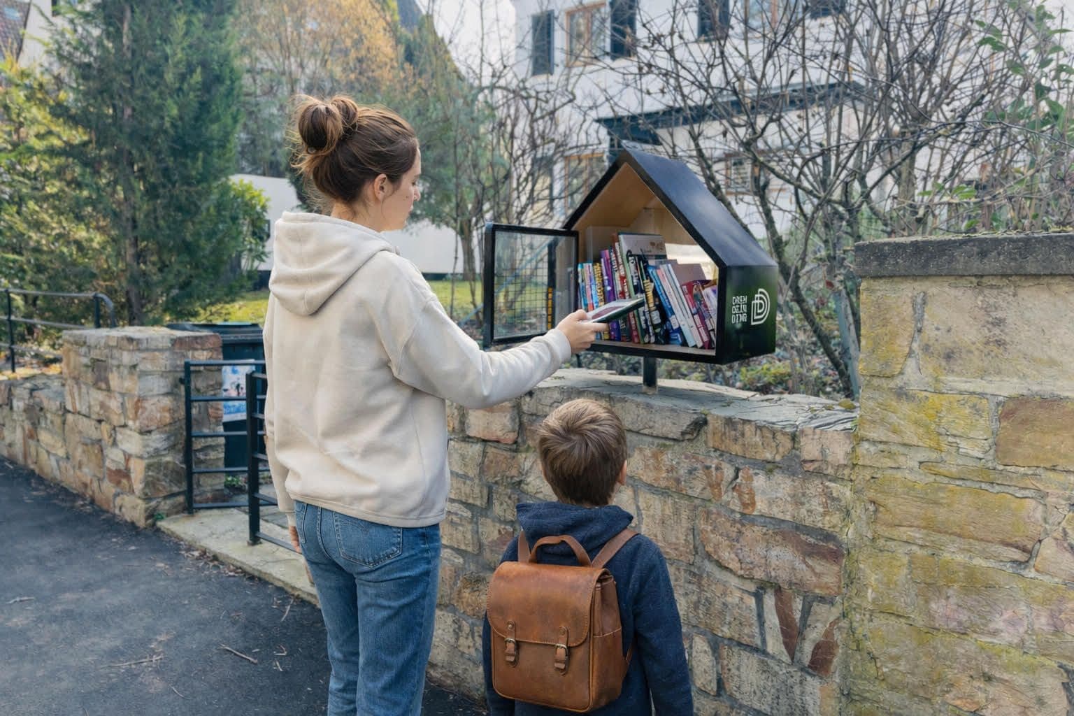 Eine Mutter mit ihrem Sohn, die aus einer Garten-Tauschbox ein Buch herausnehmen
