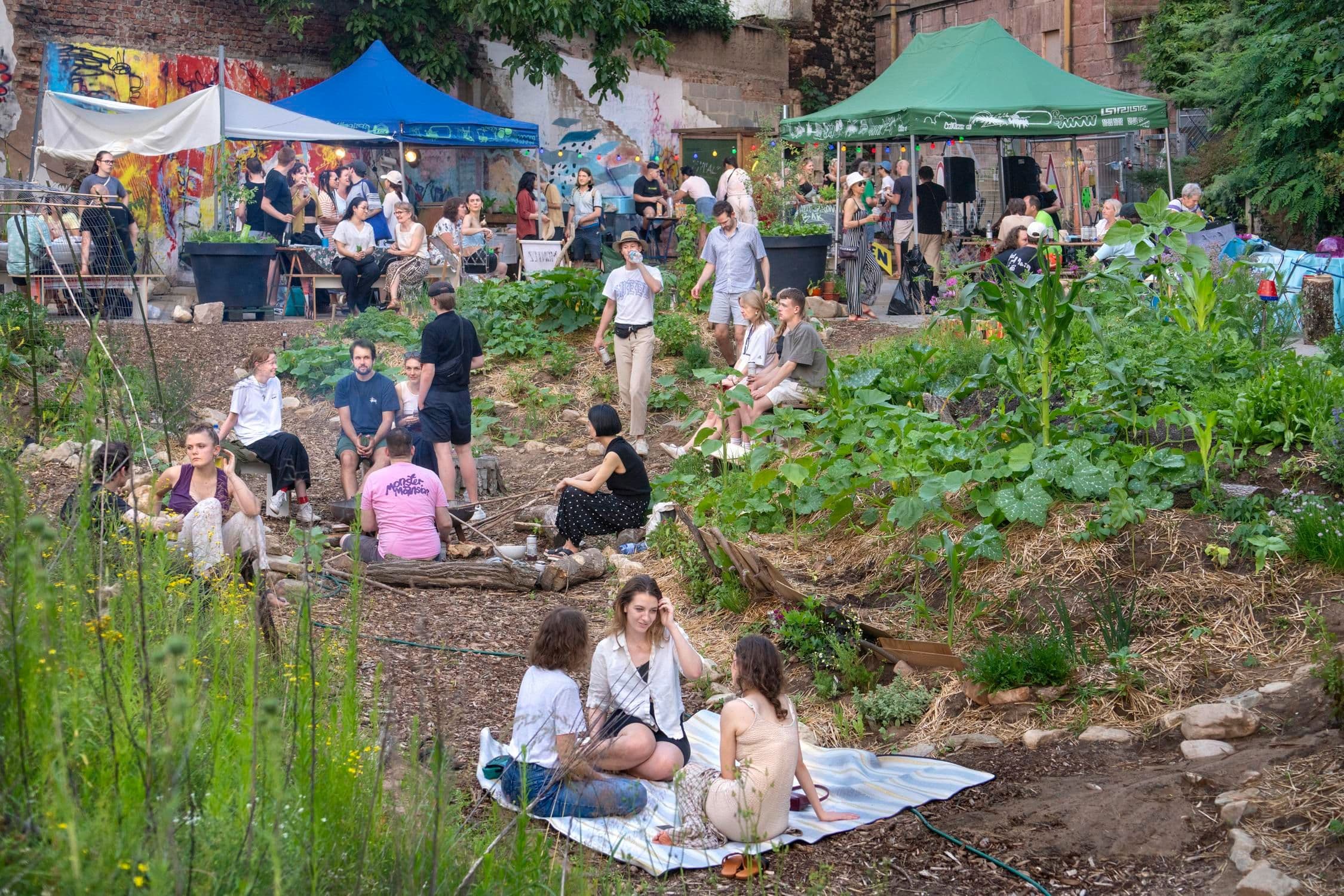 Menschen sitzen zusammen im Grünen.