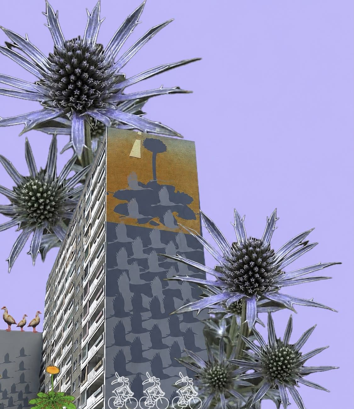 Eine Collage aus Disteln und einer Hochhausfassade auf lila Hintergrund