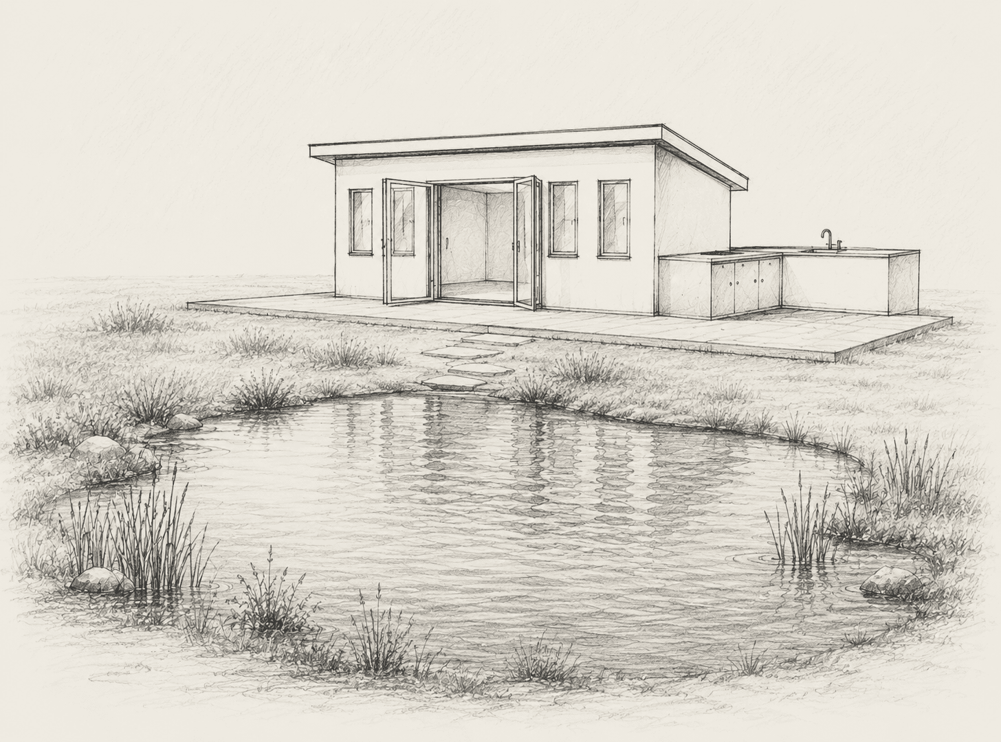 Illustration einer Gartenhütte an einem kleinen Teich