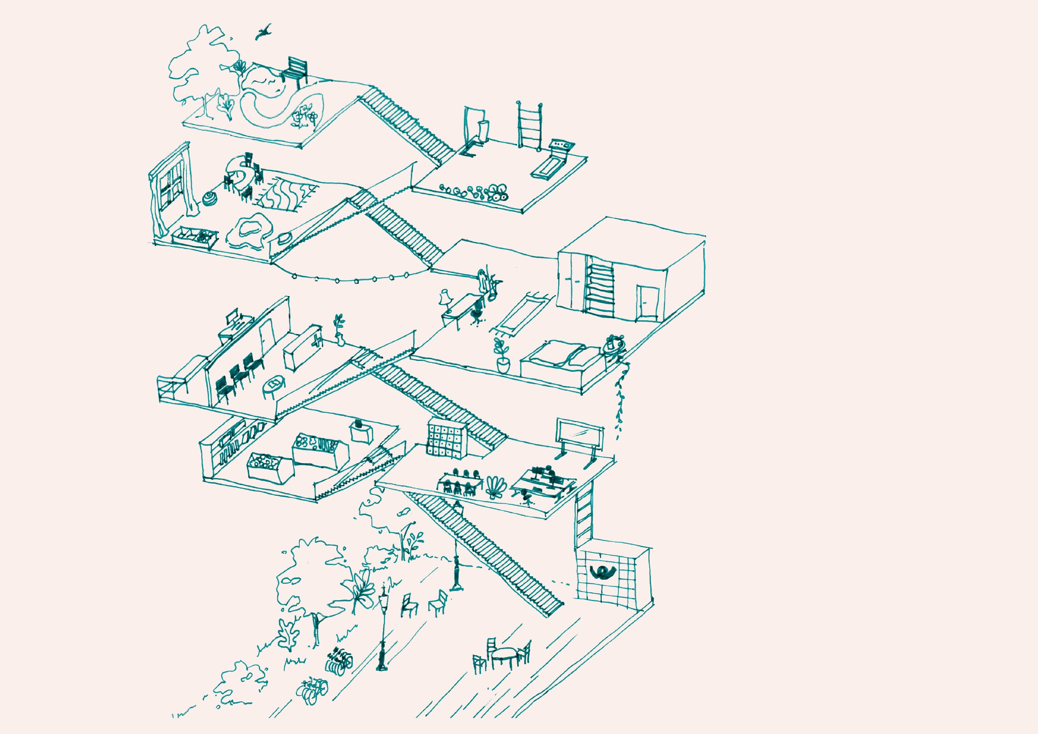 Illustration von verschiedenen Ebenen die mit Treppen verbunden sind
