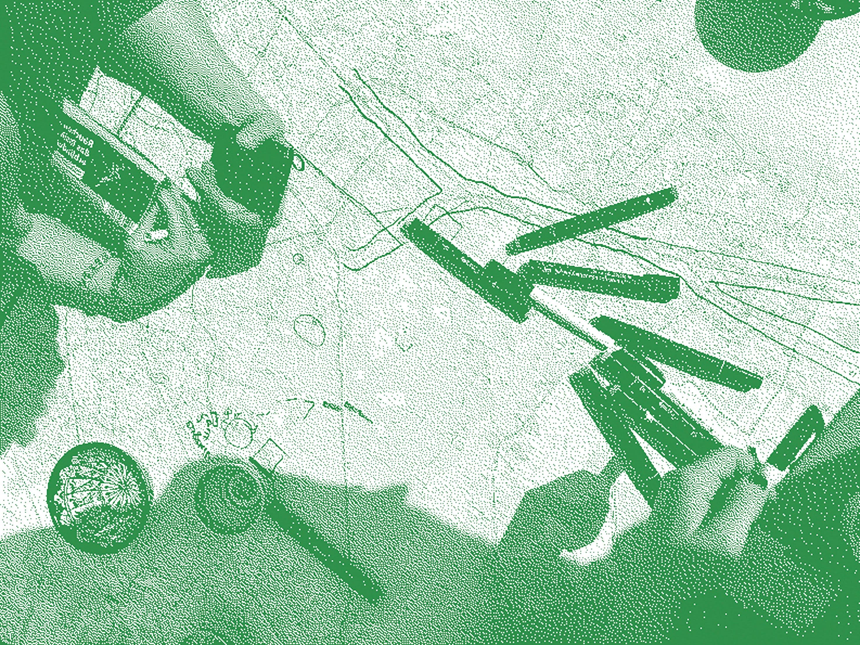 Zu sehen ist ein grün gefärbtes, stark gerastertes Foto, welches Hände und andere Gegenstände zeigt.