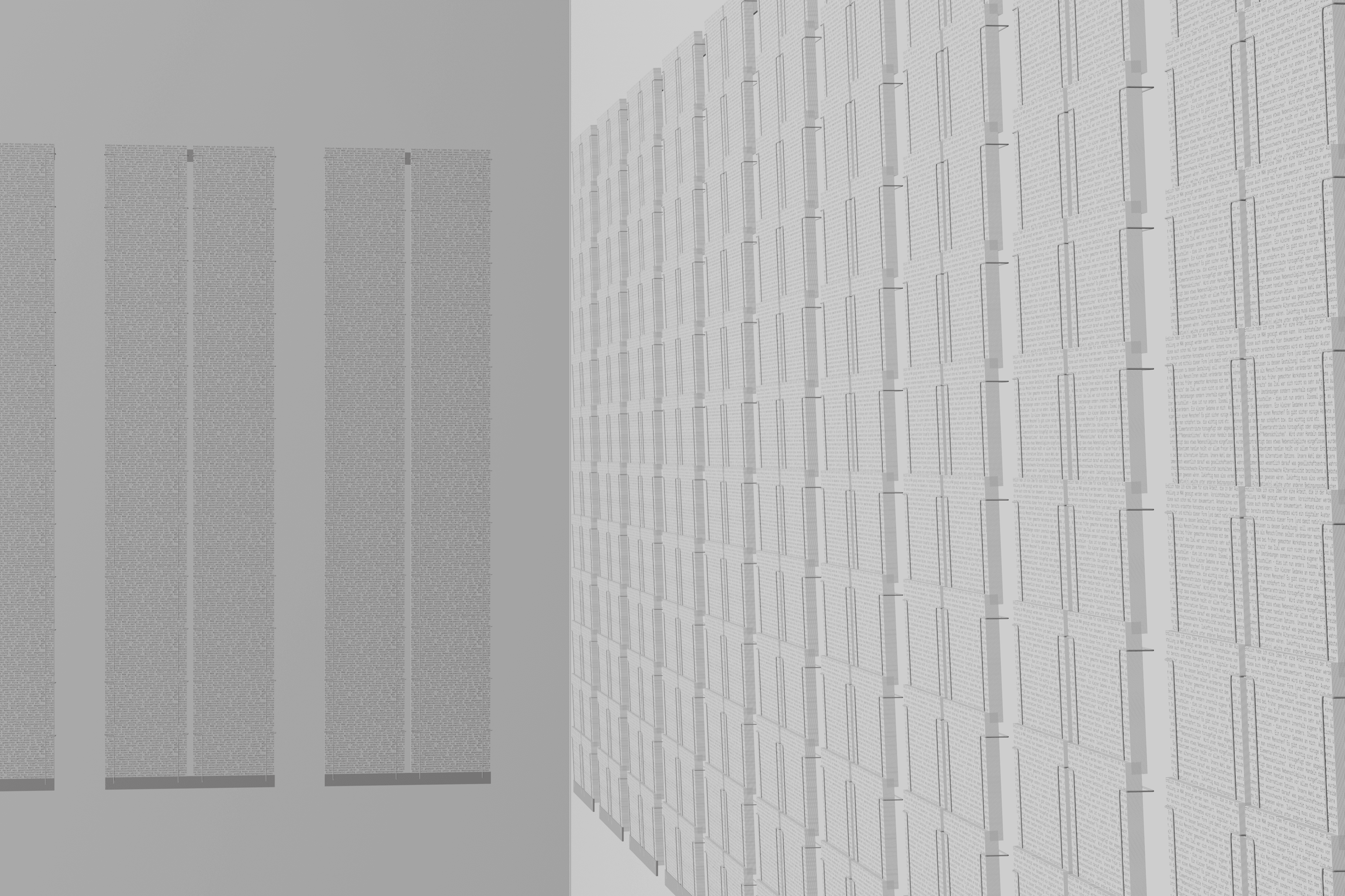 Mattis Kuhn, Visualisierung für „Free Writing (Takeaway)“, 2026, Installation mit 10.000 Postkarten mit individuellen Texten und 21 Wandhaltern für Postkarten