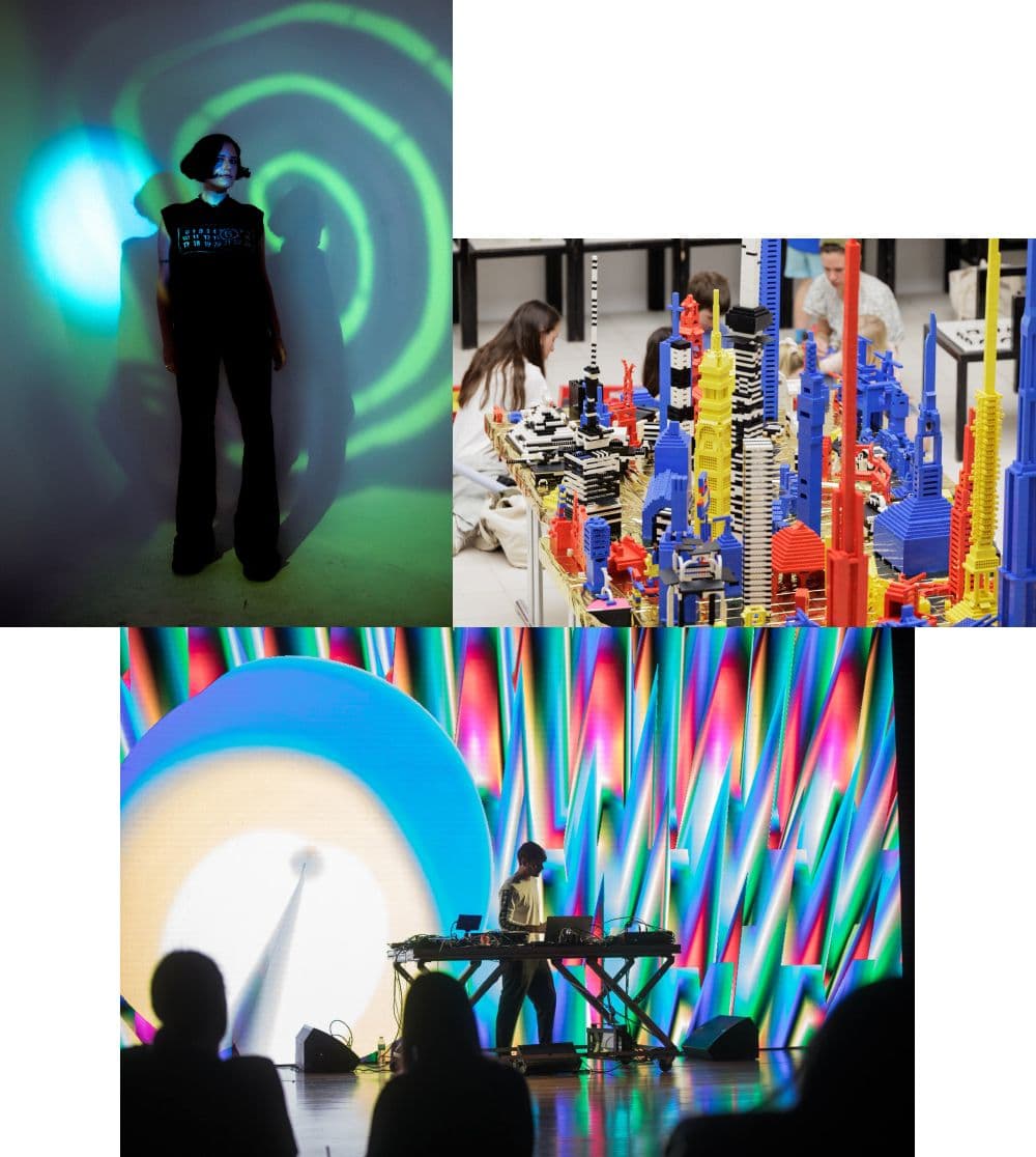 Mehrere Bilder mit Personen, einem DJ und einer Lego-Baustelle.