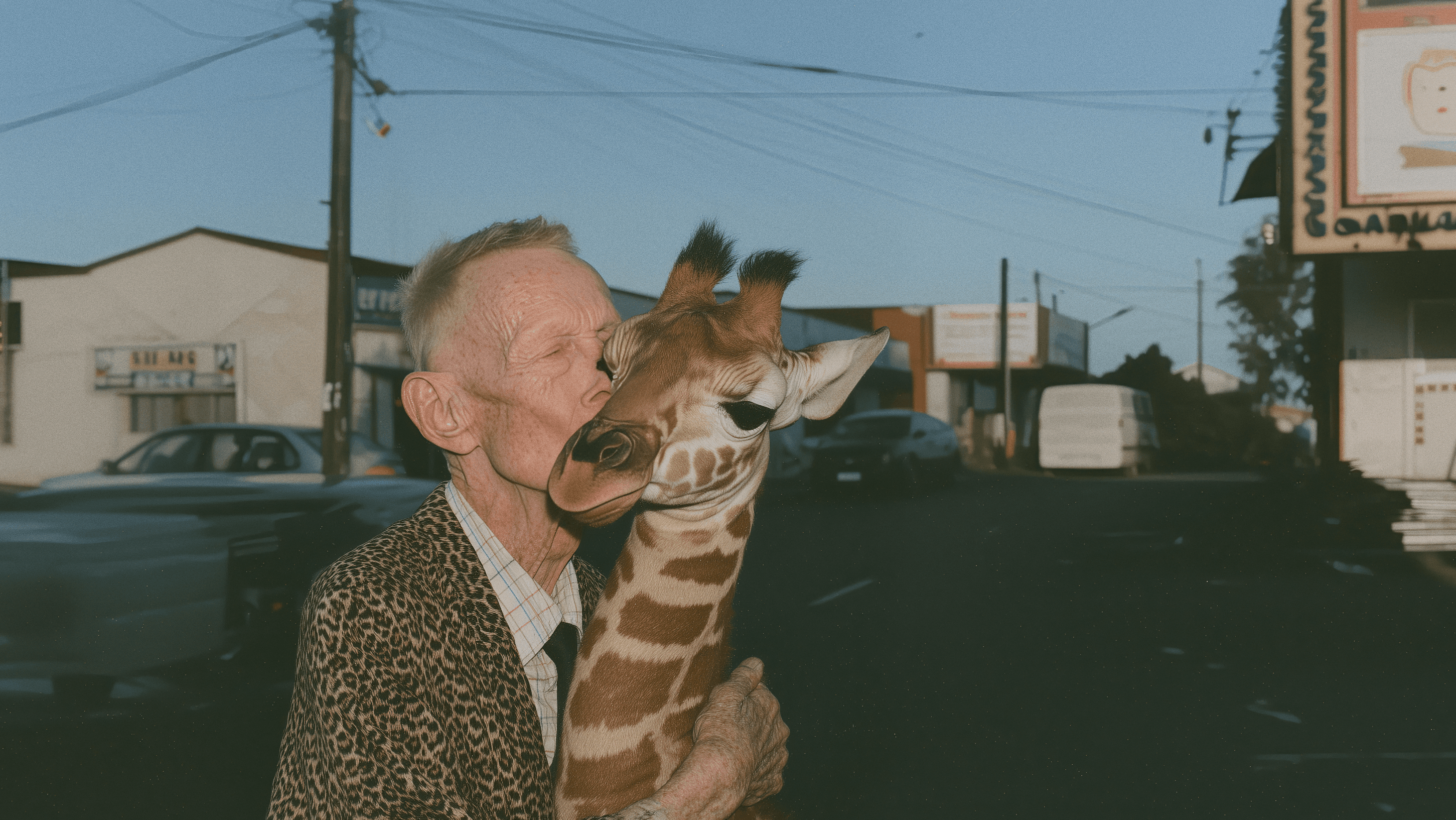 KI-generiertes Bild eines Mannes der eine Giraffe küsst