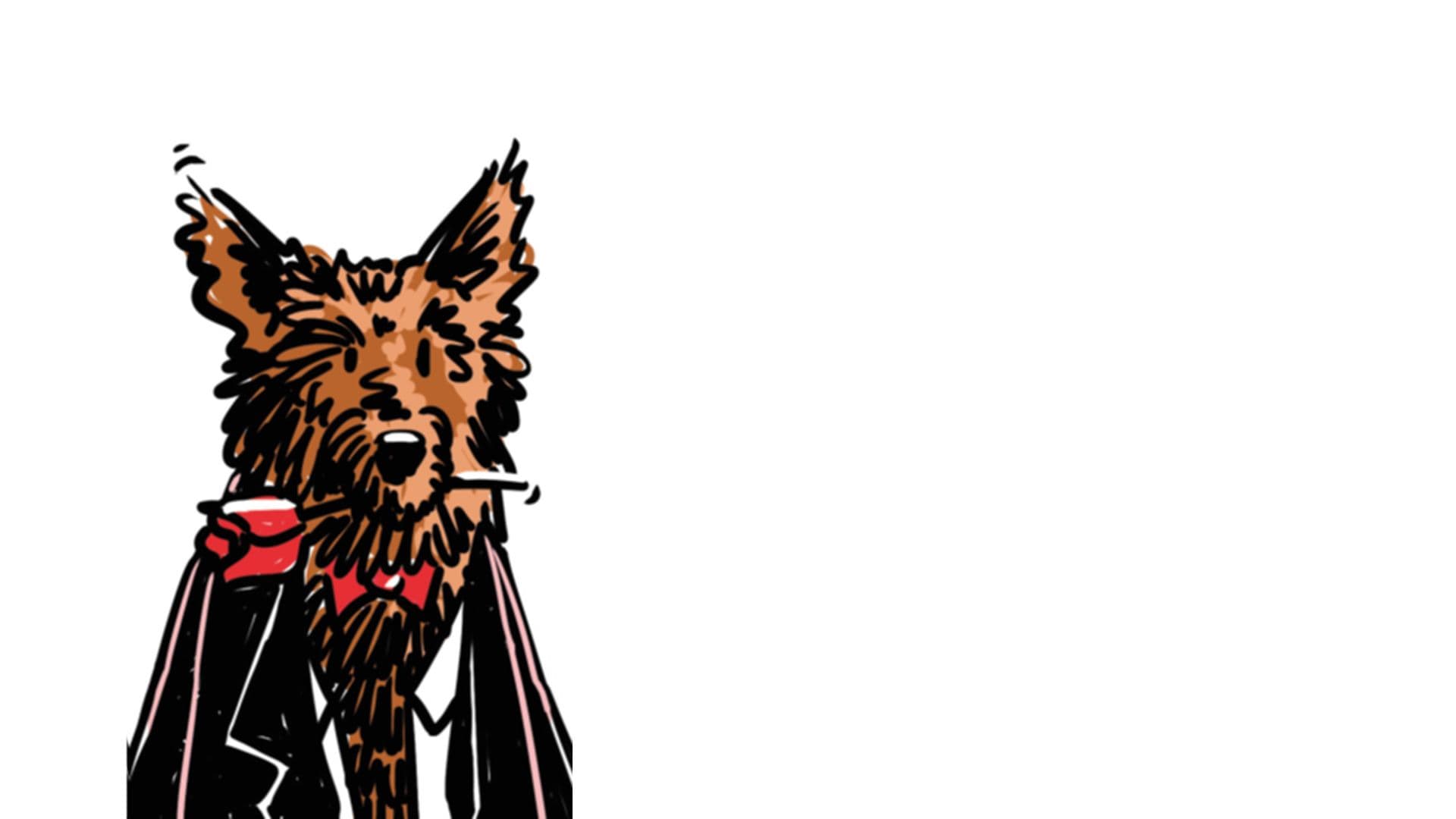 Eine Illustration eines Hundes im Anzug mit einer Rose im Maul