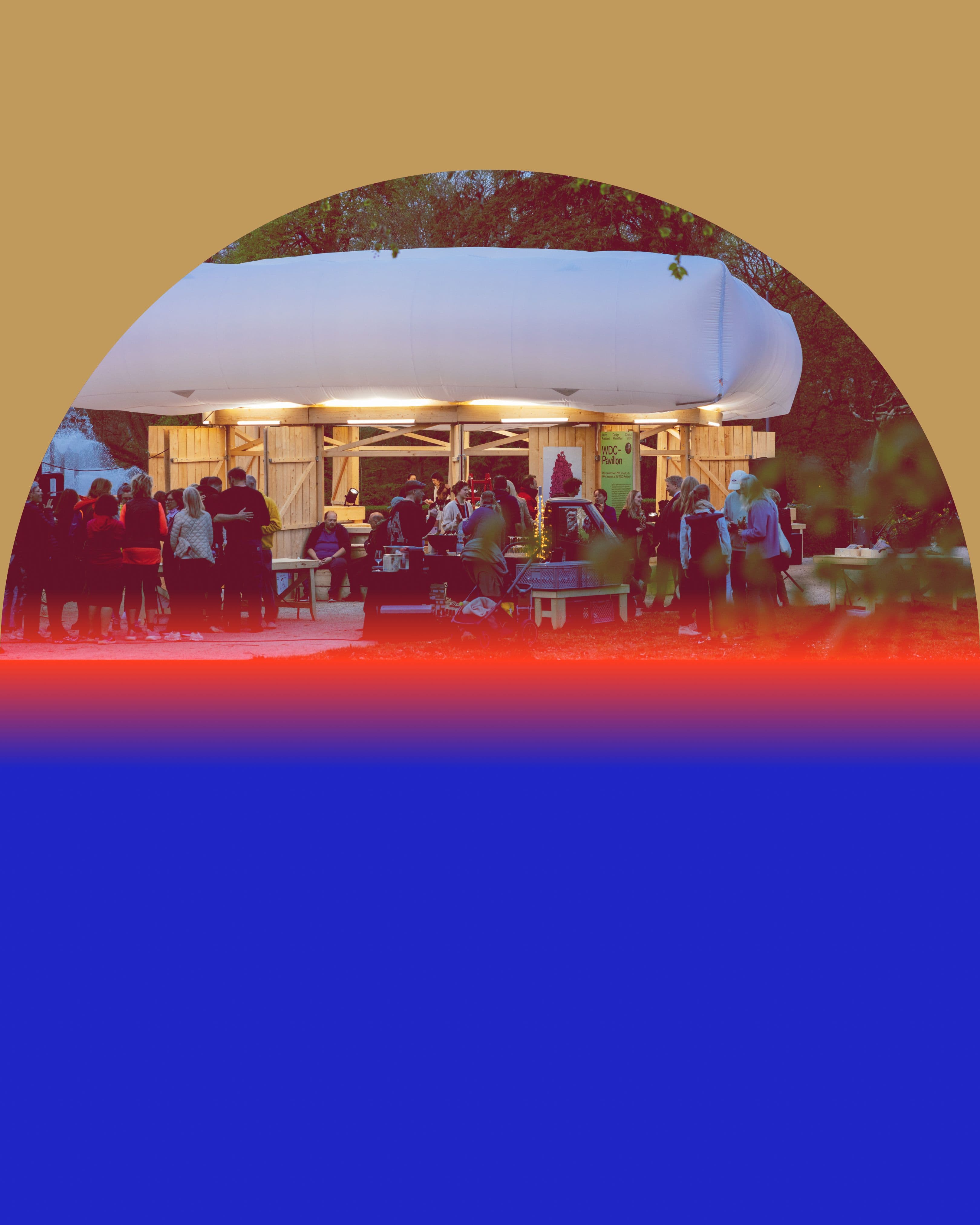 Pavillon Grafik mit vielen Menschen in der Mitte