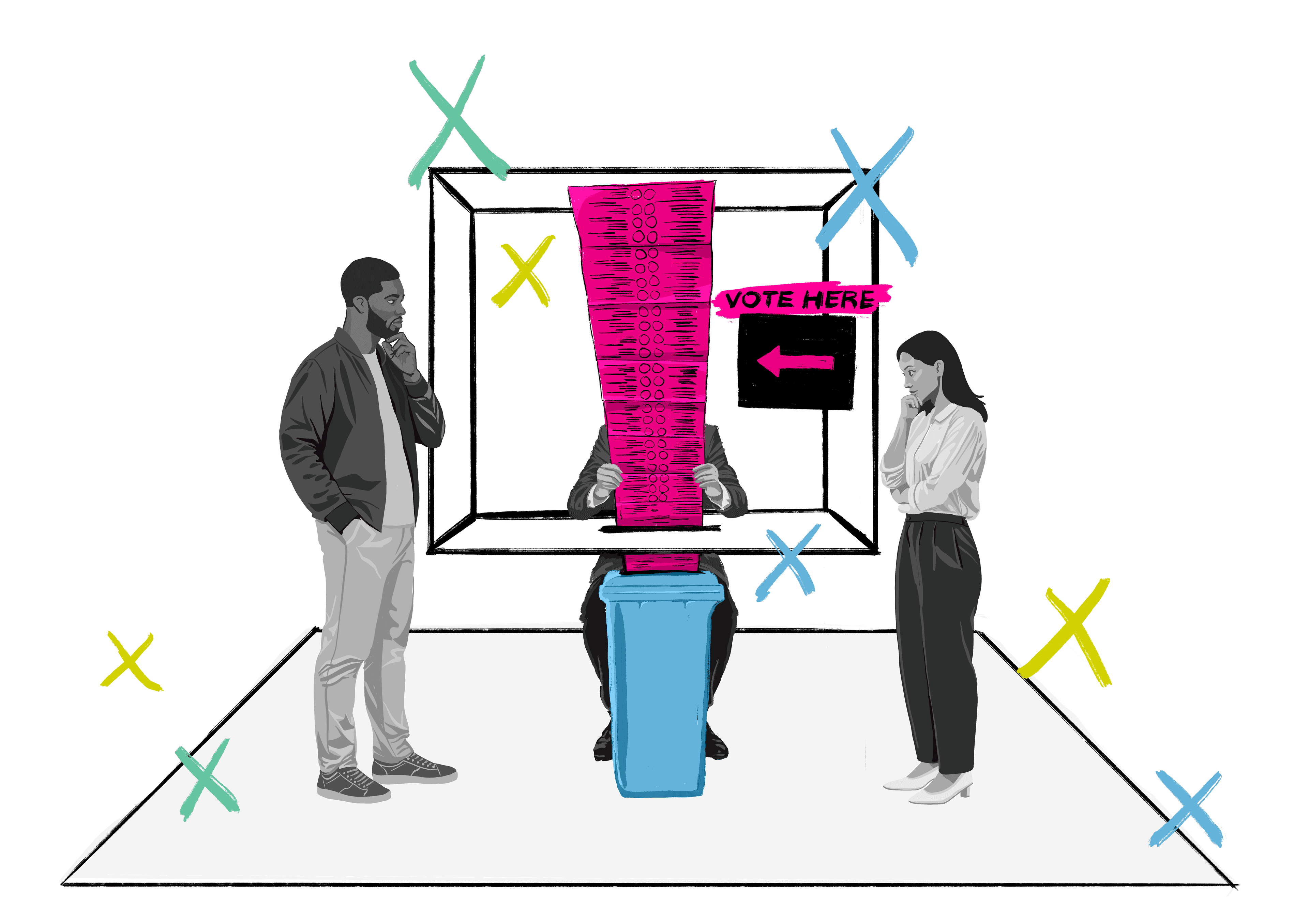 Eine Illustration zeigt drei Personen im Wahllokal, eine davon in einer Wahlkabine.