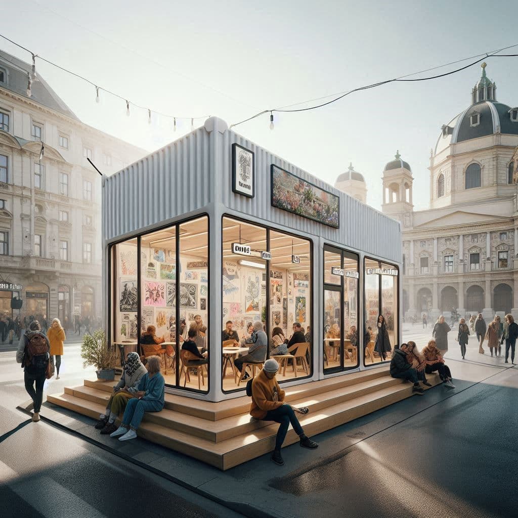 Auf einem Platz steht ein größtenteils verglaster Kasten, in dem und um den herum Menschen sitzen.