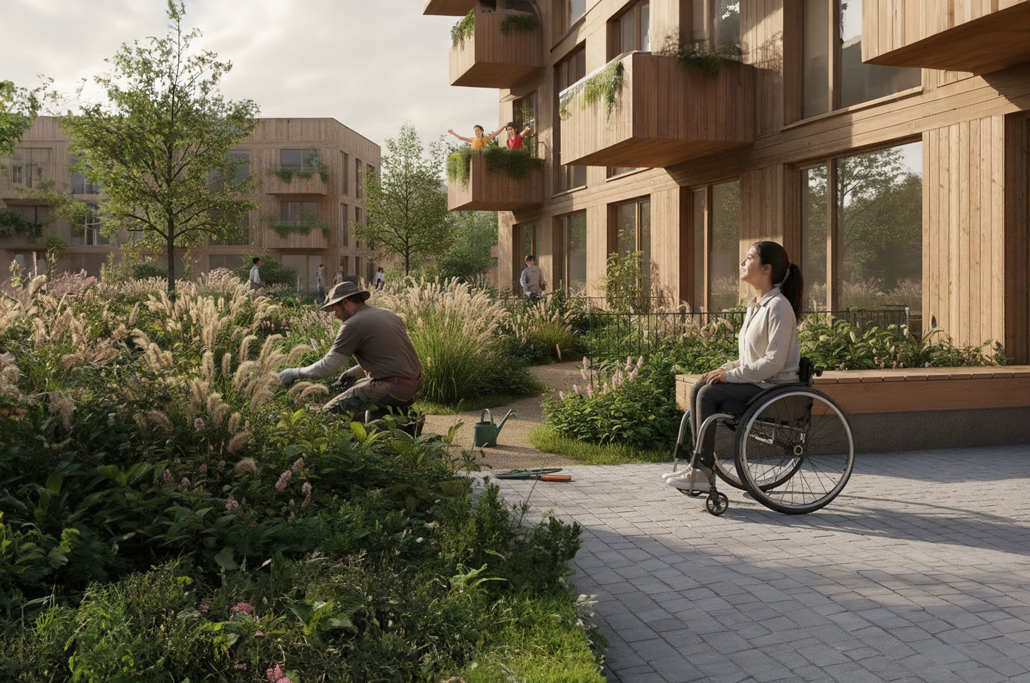 Visualisierung einer Frau im Rollstuhl, die im Garten einem Mann beim Arbeiten zuschaut