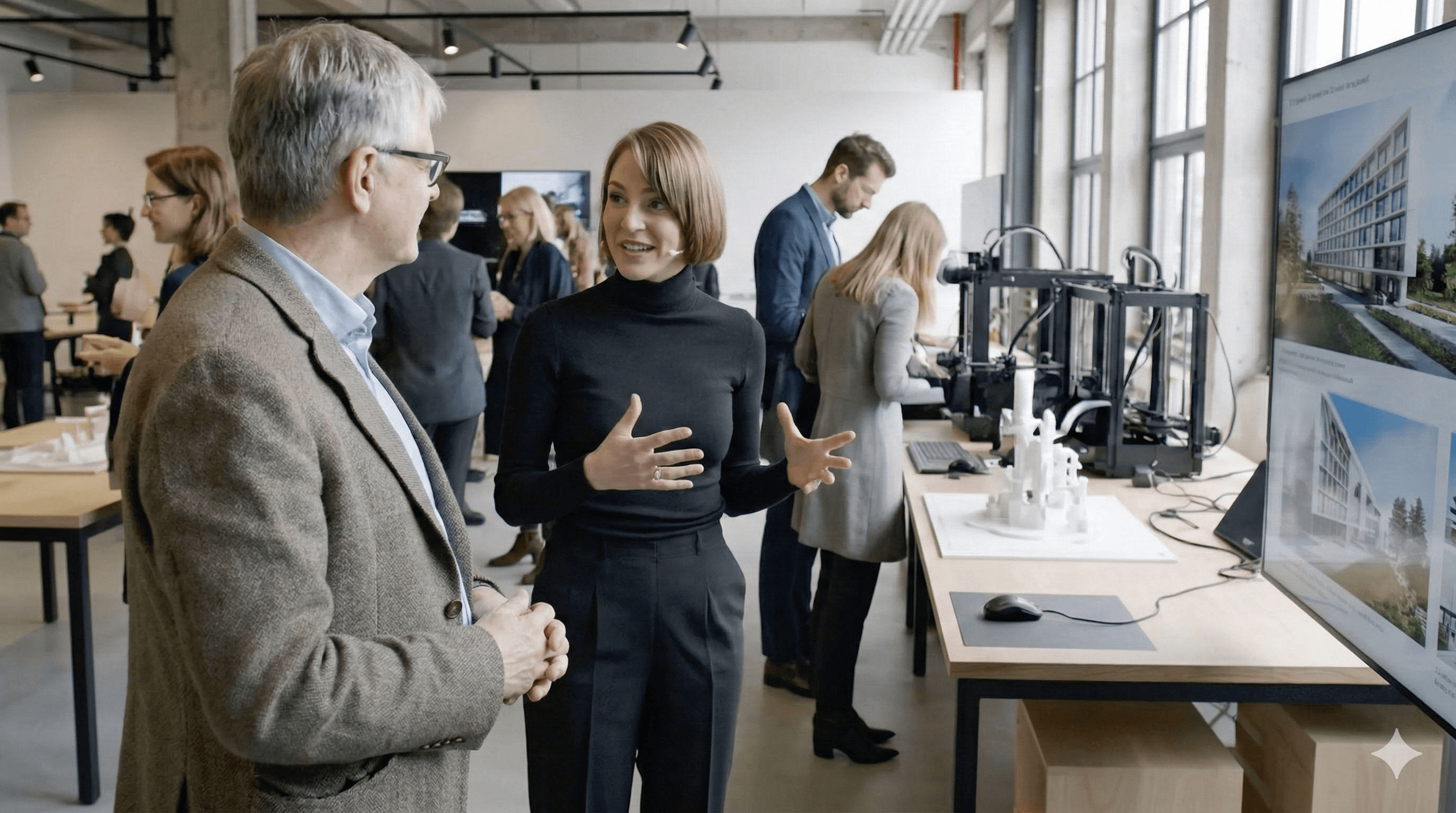 Eine Frau erklärt einem älteren Mann etwas in einer Werkstatt oder einem Atelier