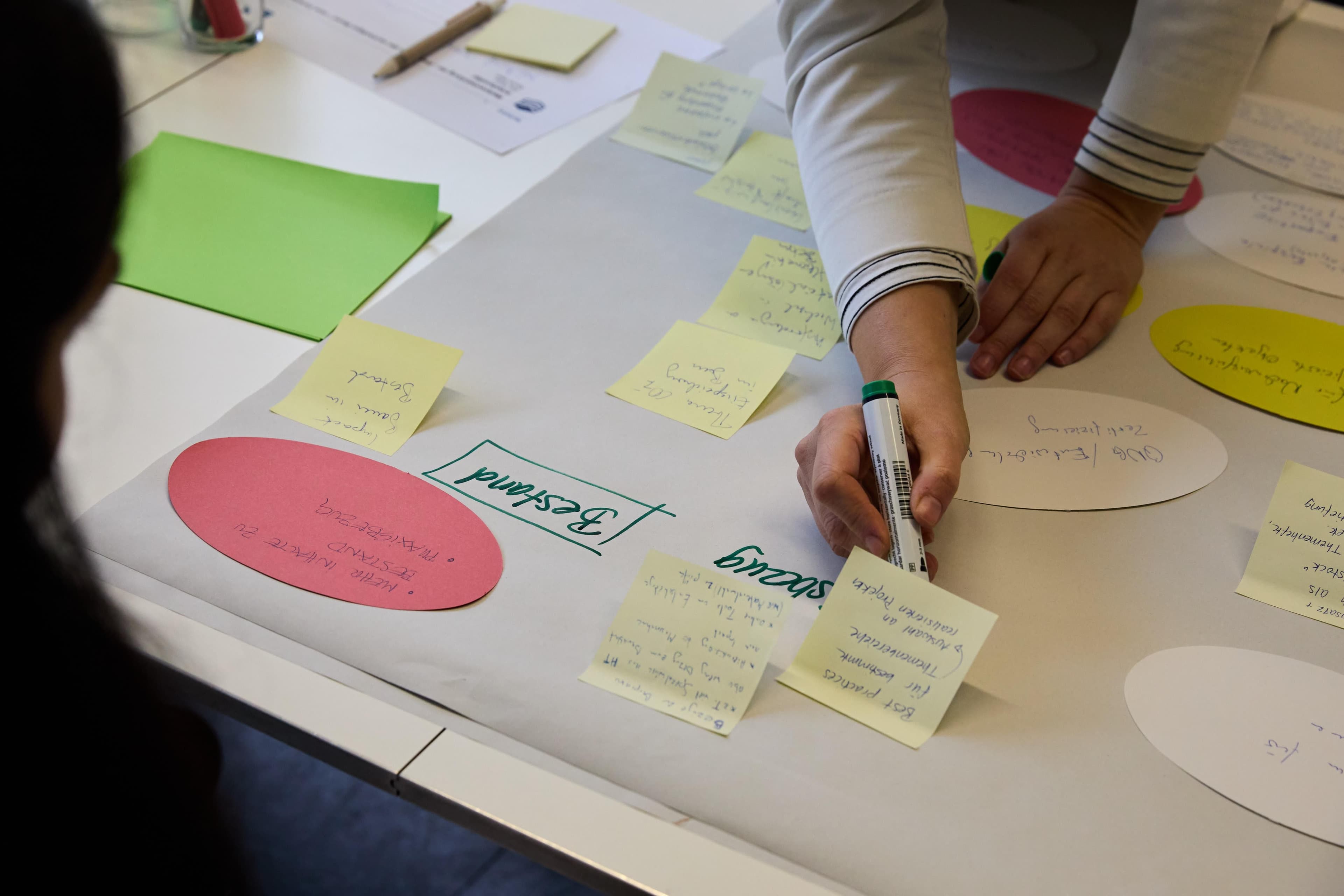 Eine Hand zeichnet etwas auf eine Ideensammlung