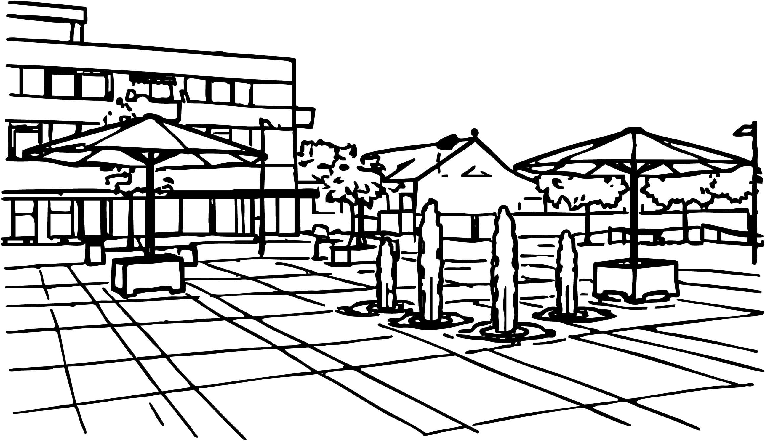 Ein städtischer Platz mit Wasserfontänen und Sonnenschirmen in Schwarz/Weiß