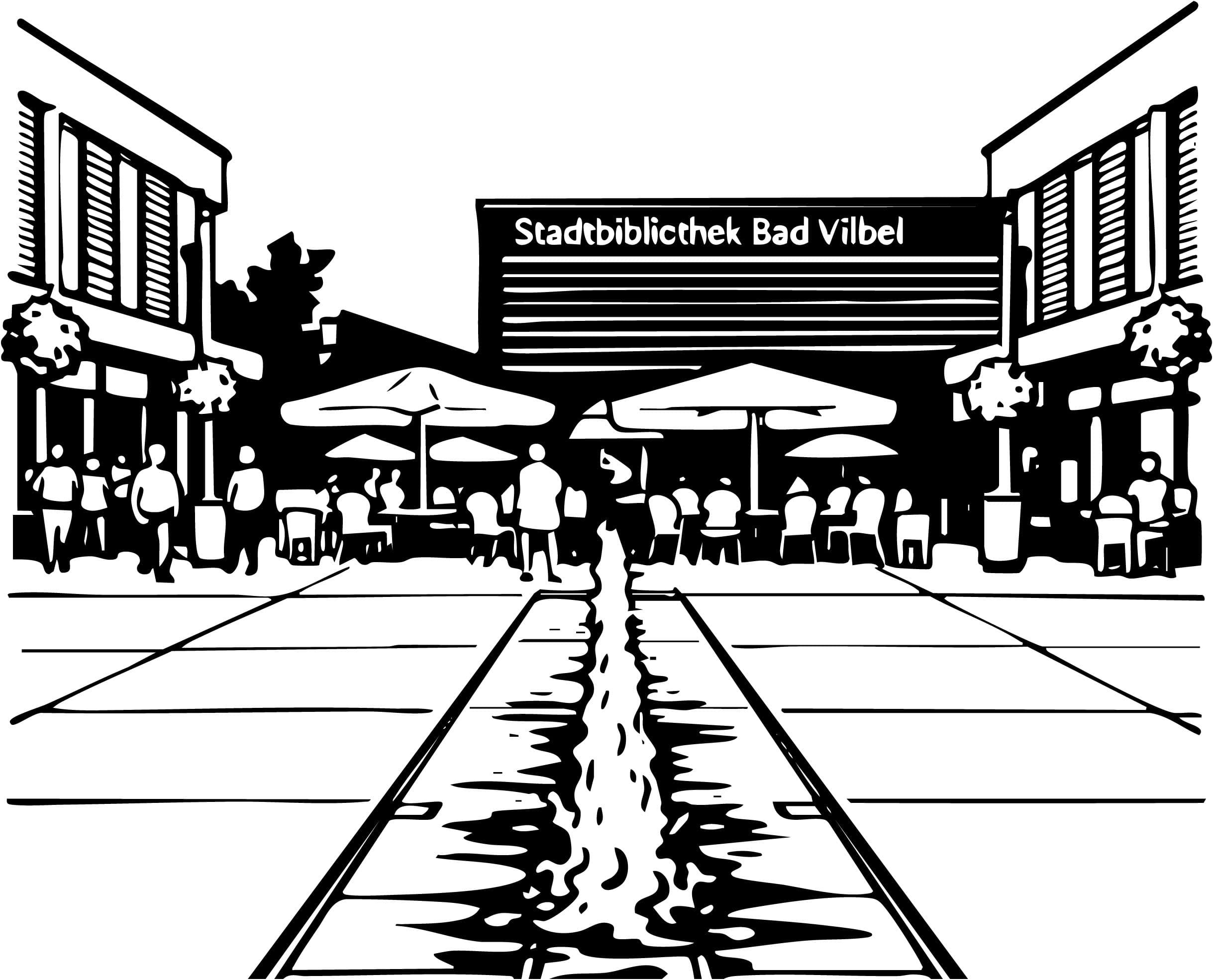 Ein städtischer Platz mit Wasserfontänen und Sonnenschirmen in Schwarz/Weiß