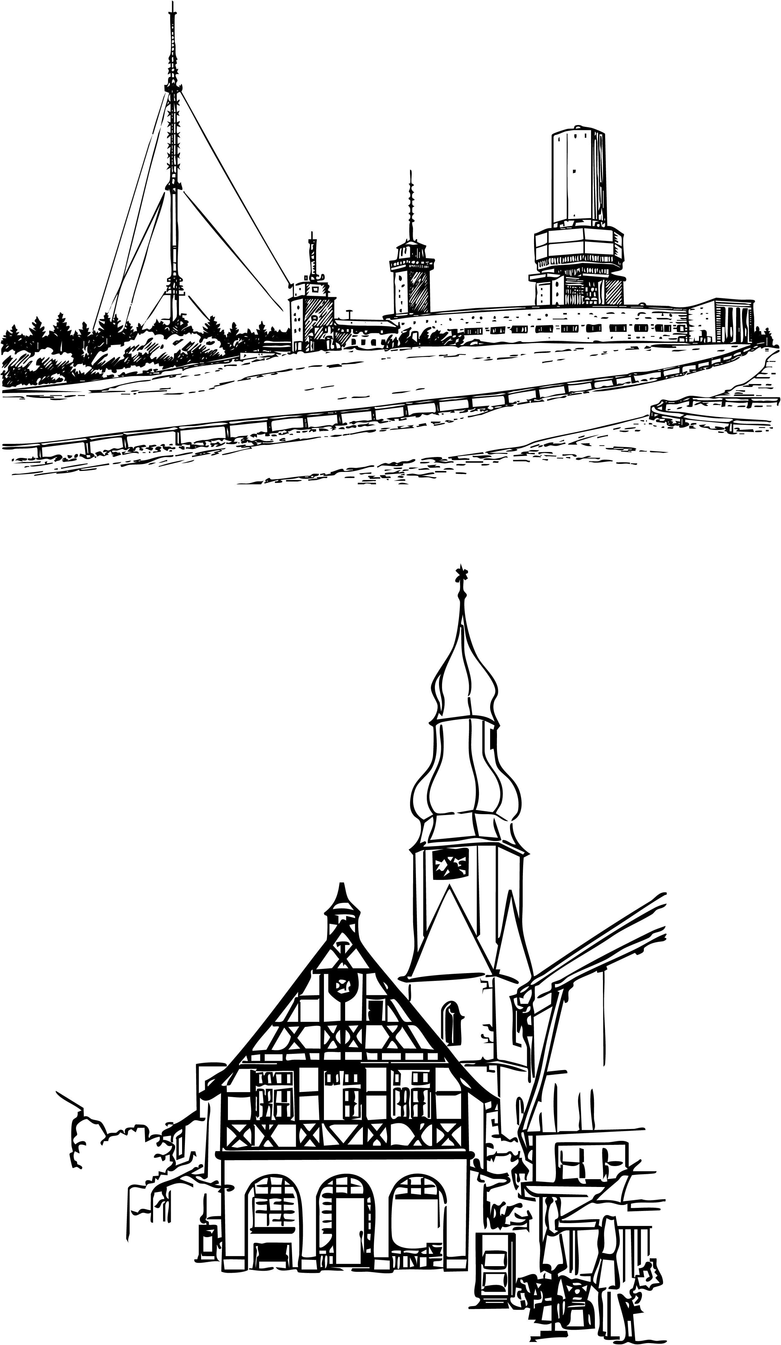 Zwei Bilder untereinander: Unten einen Reihenhaus und dahinter ein Kirchturm in Schwarz/Weiß, oben eine Antennenstation in Schwarz/Weiß.
