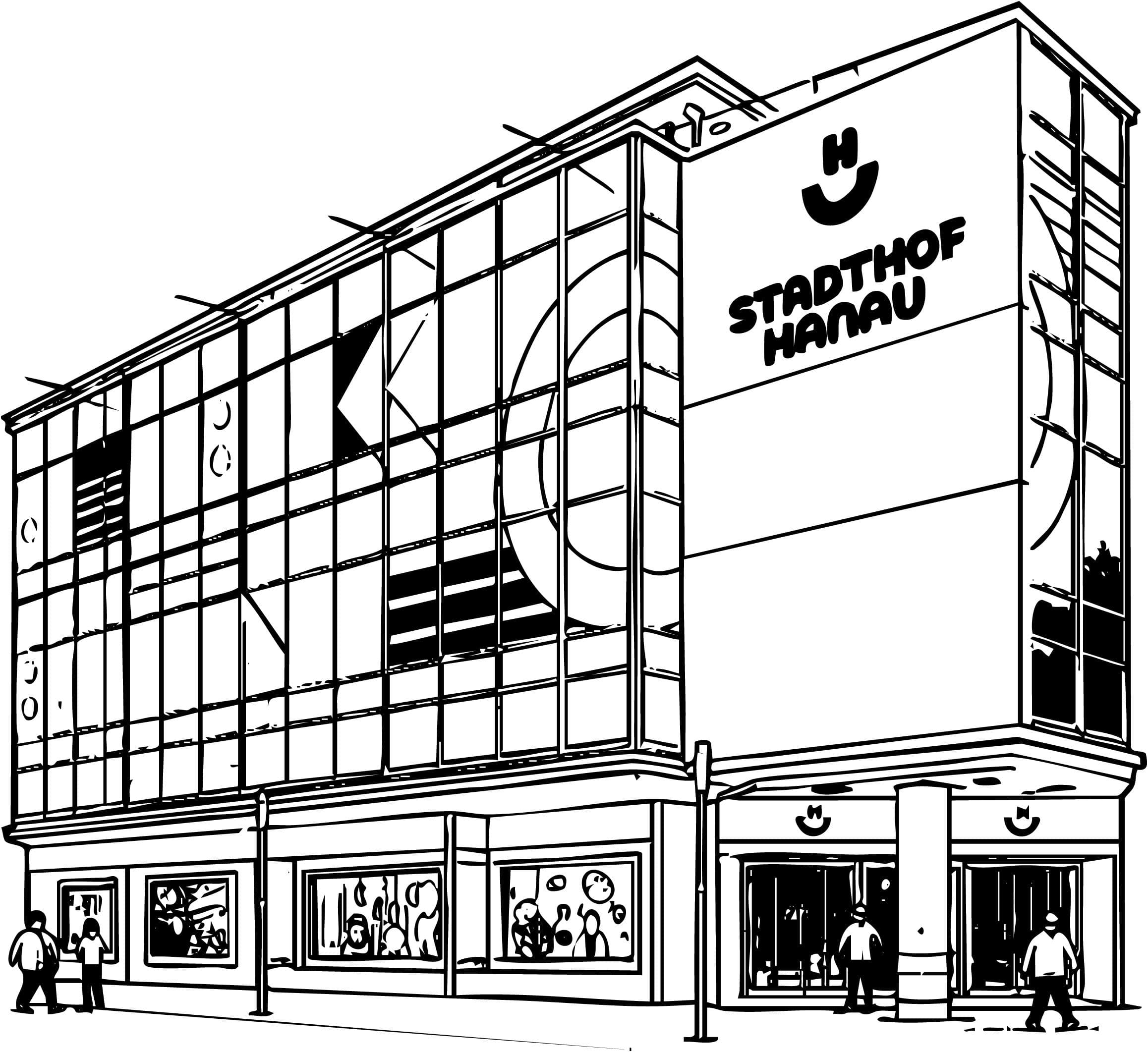 Ein großes Einkaufshaus in Schwarz/Weiß