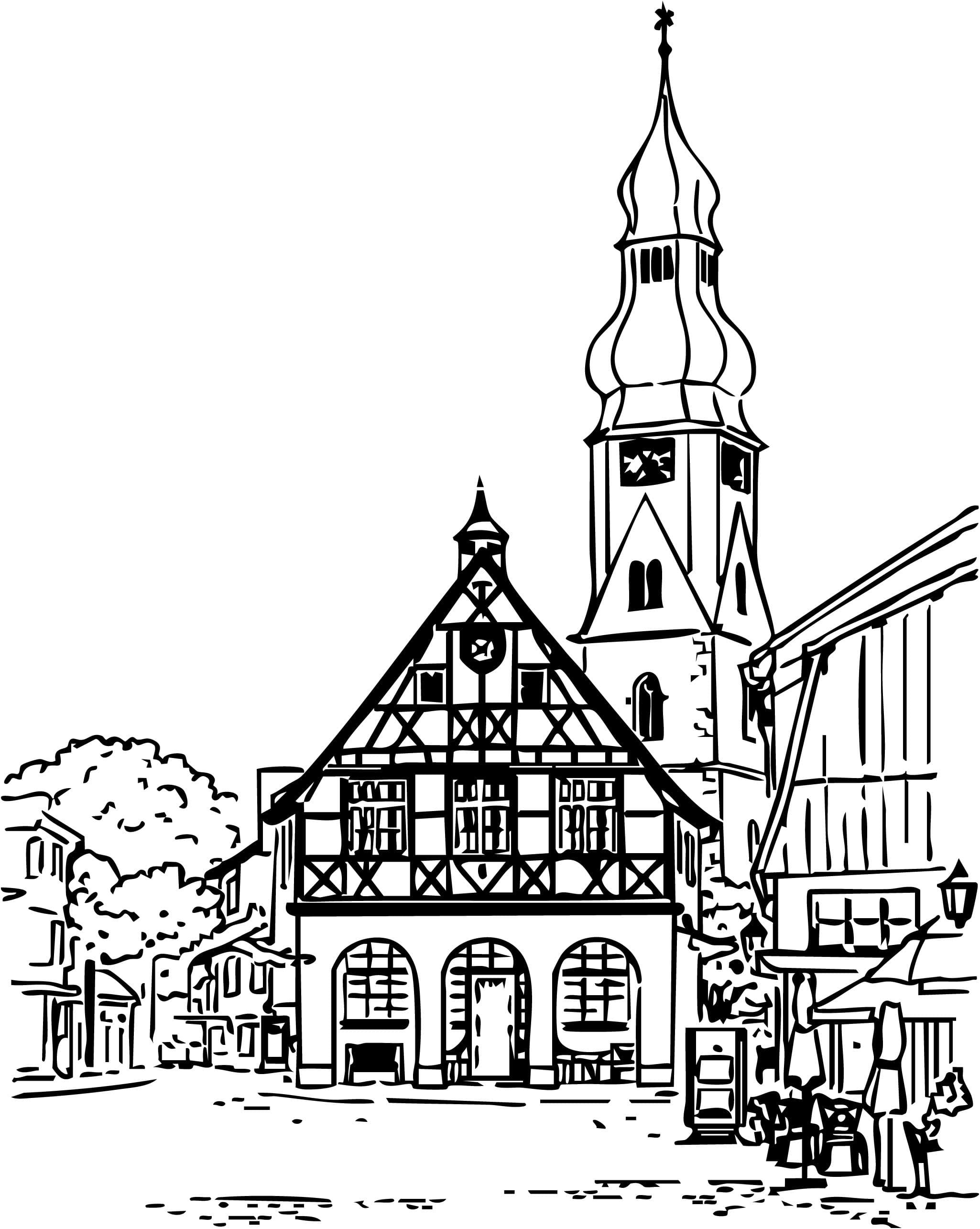 Strichzeichnung eines historischen Hauses und eines Kirchturms