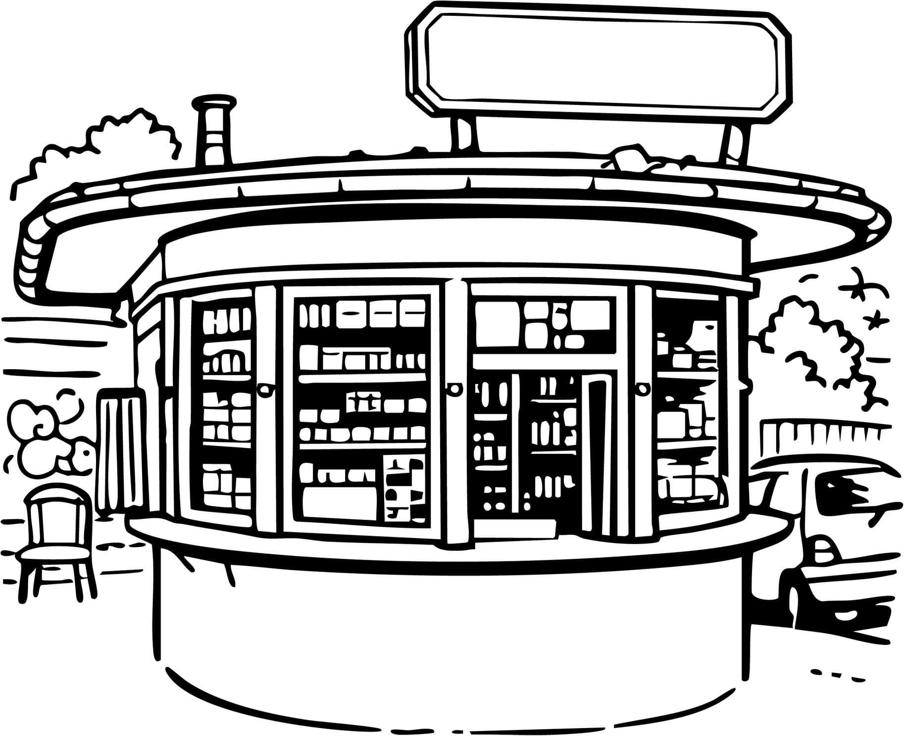 Grafik eines Kiosk in schwarz weiß