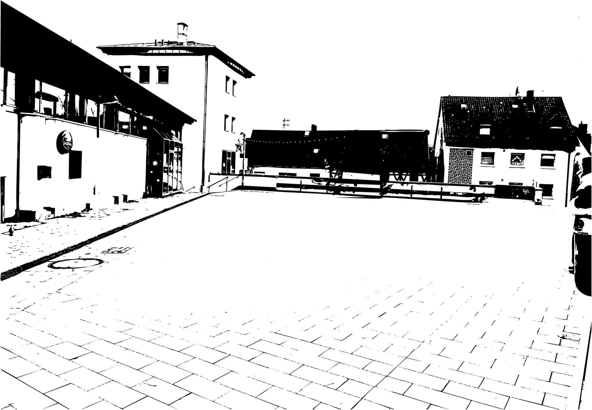 Grafik von einem Kiosk in schwarz weiß.