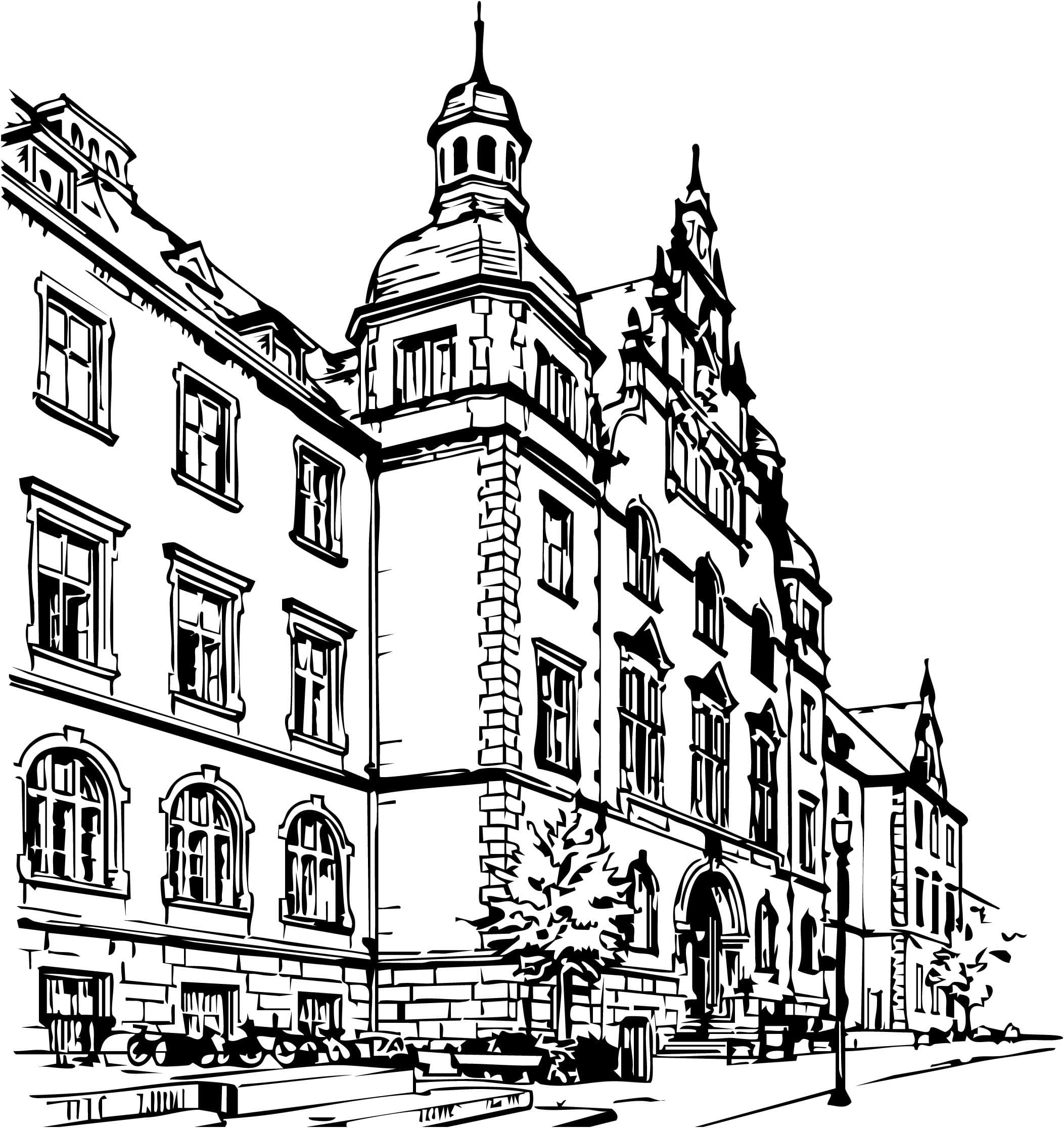 Ein großes Altbau Gebäude in Schwarz/Weiß