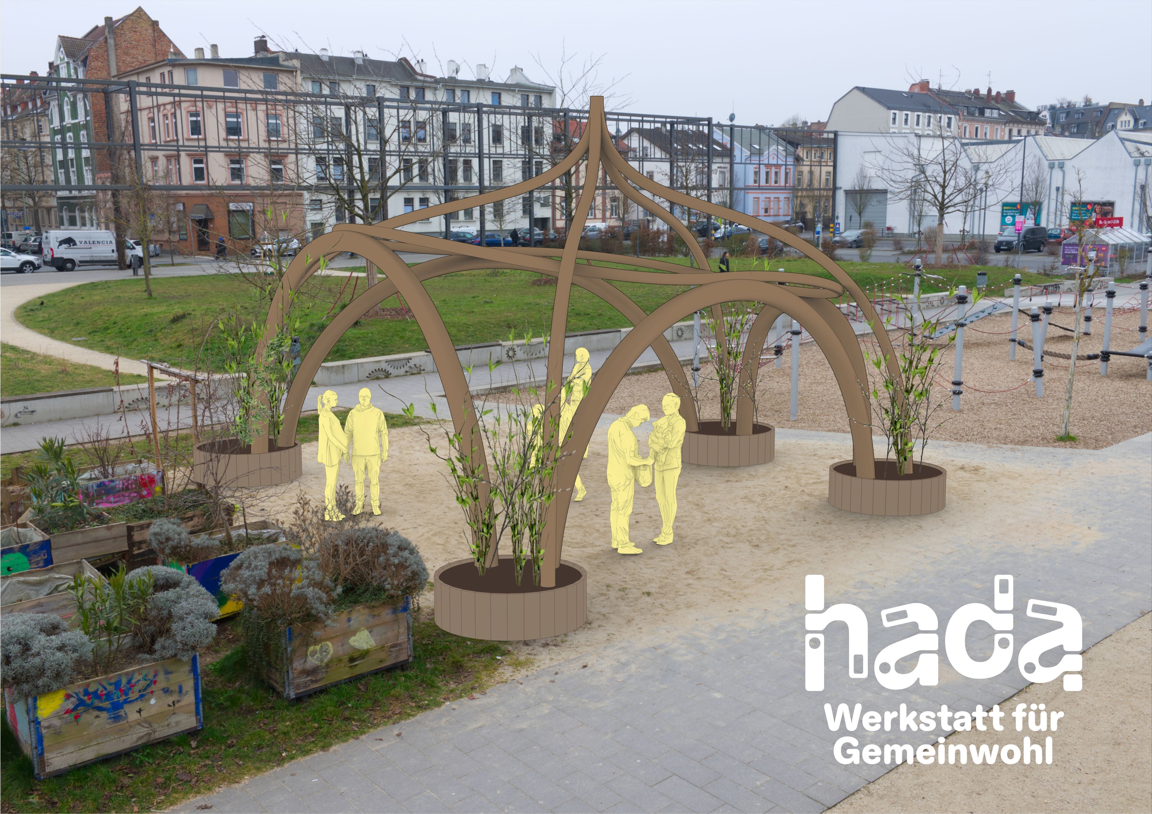 Auf einen öffentlichen Platz ist eine Visualisierung von einer Konstruktion, unter der Menschen stehen, integriert.