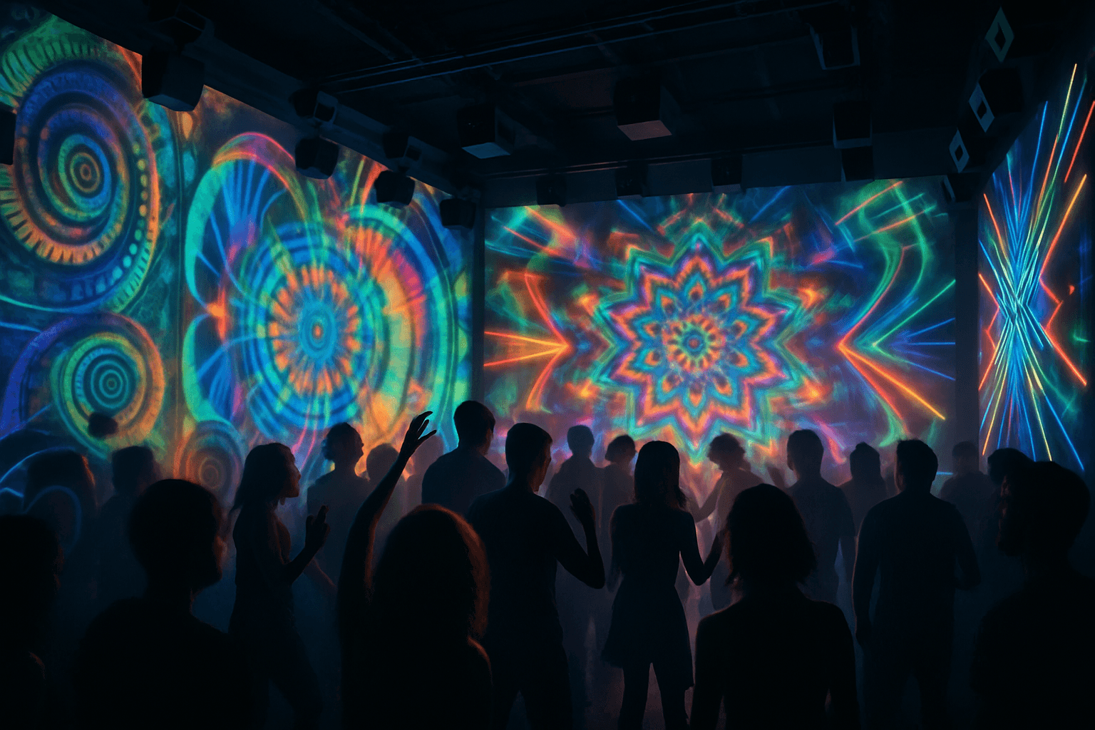 Verschiedene Menschen tanzen in einem Club, der durch bunte Wandprojektionen erleuchtet wird.
