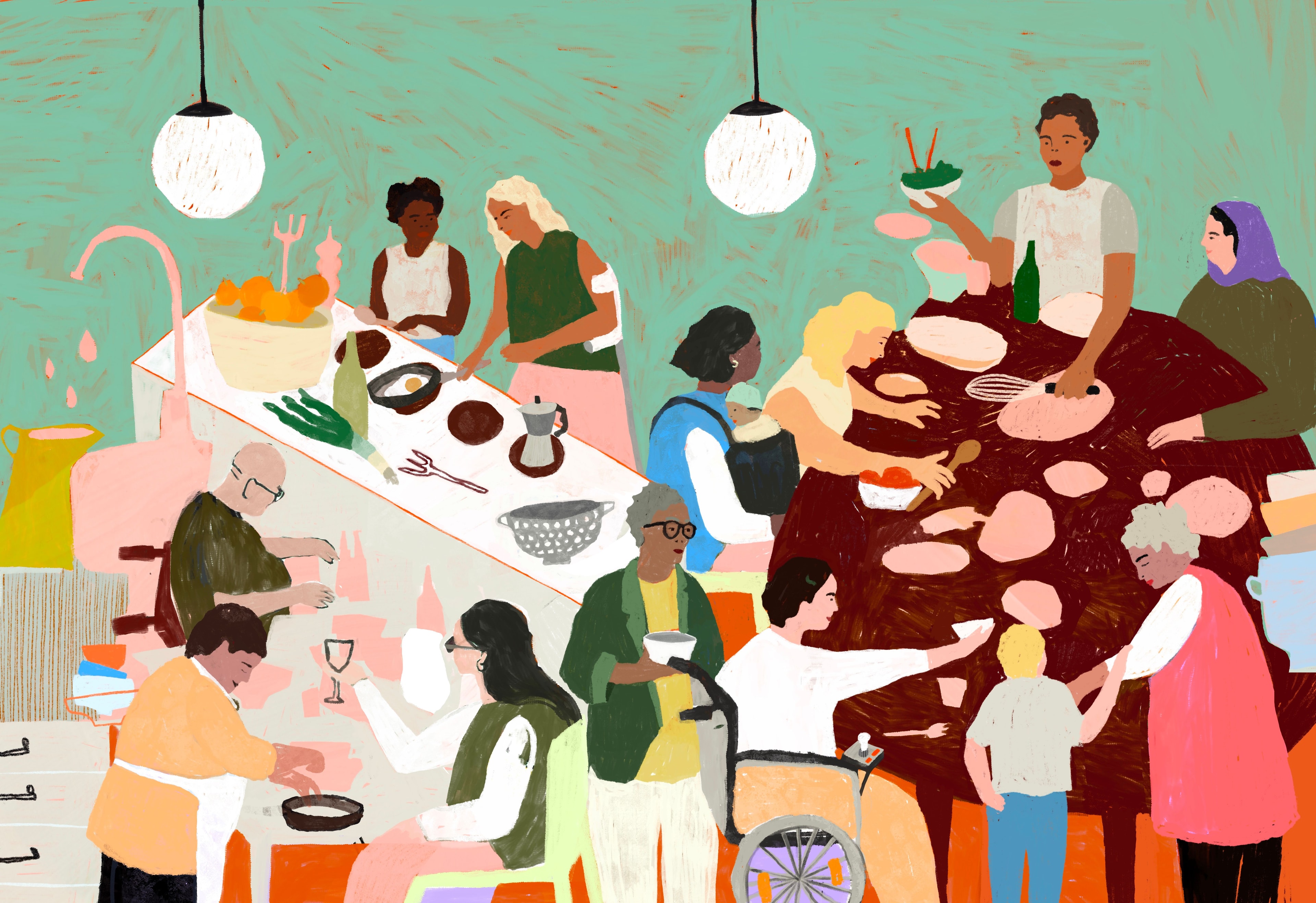 Illustrationen von vielen Menschen die zusammen kochen und essen