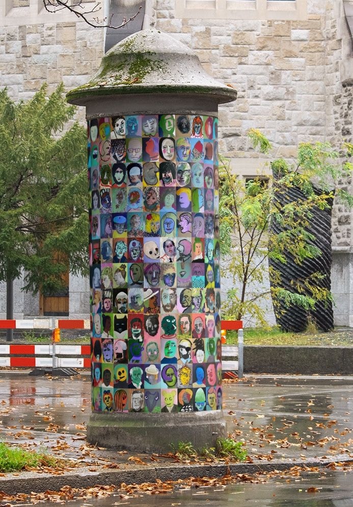 Die Frankfurter Künstsäule zeigt 500 Köpfe von Charlotte Schröner und Andrea Ludwig