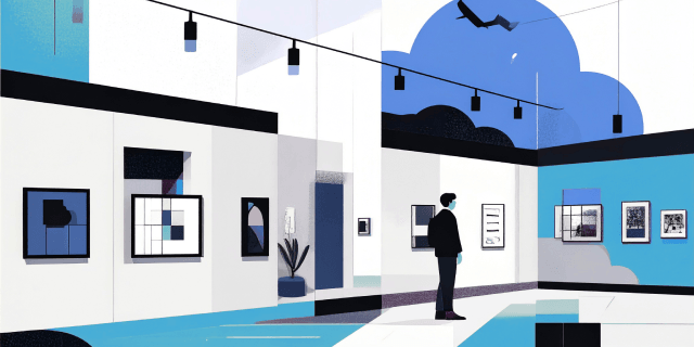 Illustration eines Menschen in einem Ausstellungsraum 