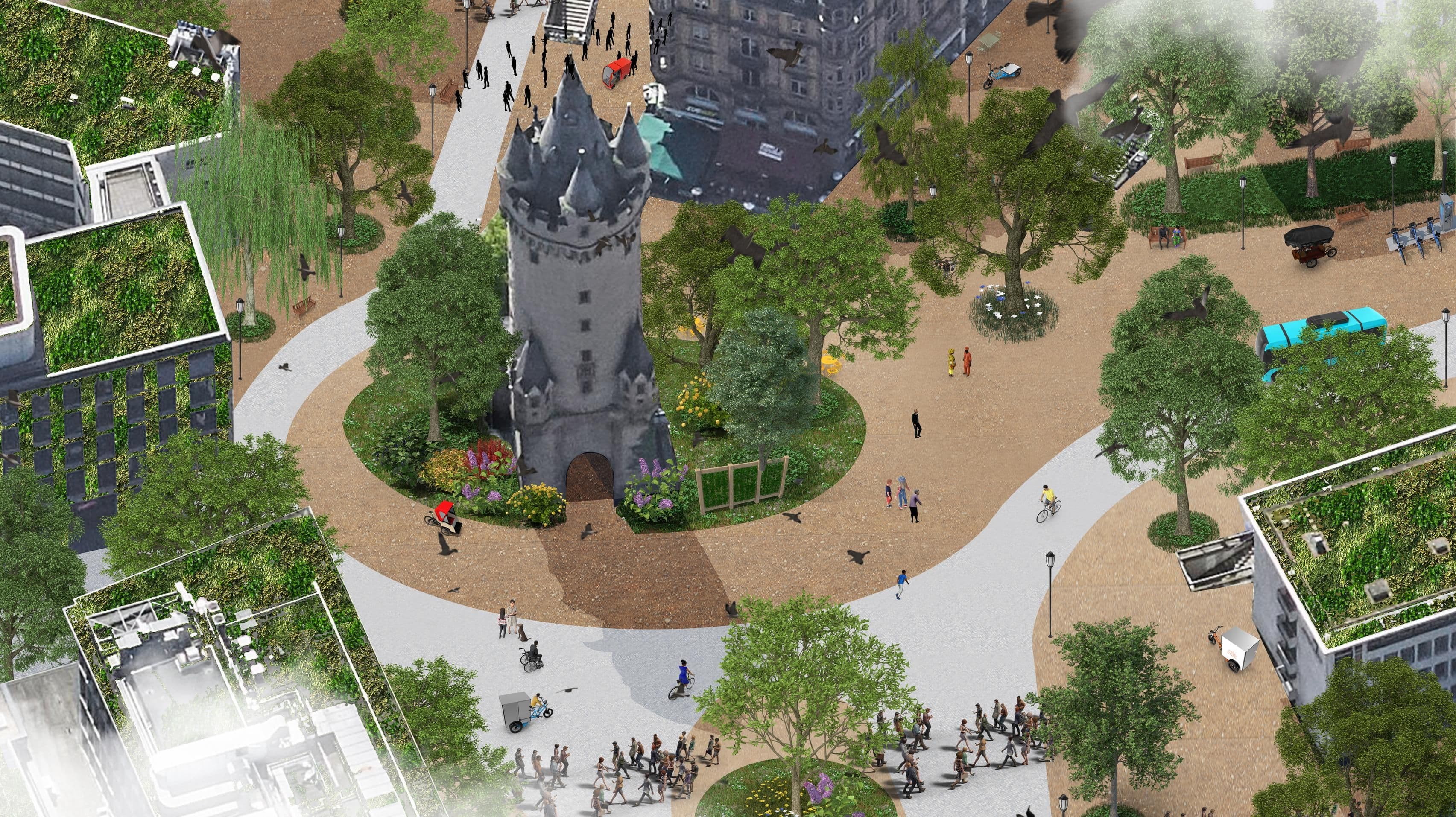 Collage einer bunten und grünen Innenstadt von Frankfurt