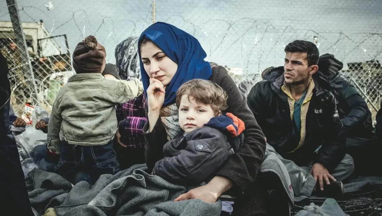Foto von einem Kind mit einer Frau mit Kopftuch mit mehreren Personen im Hintergrund vor einem Stacheldrahtzaun