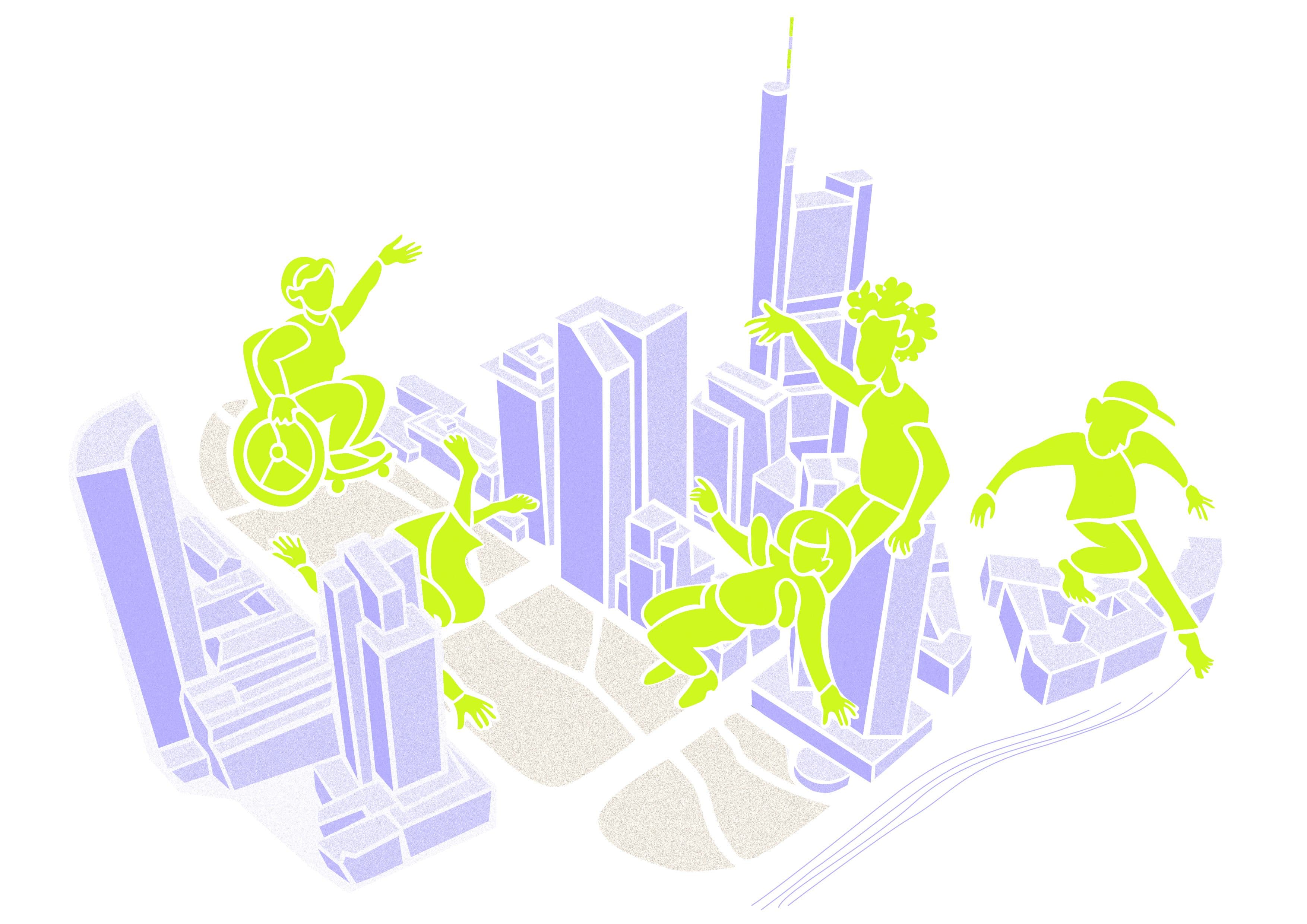 Abstrakte Figuren bewegen sich auf einer Illustration durch ein Modell der Stadt Frankfurt