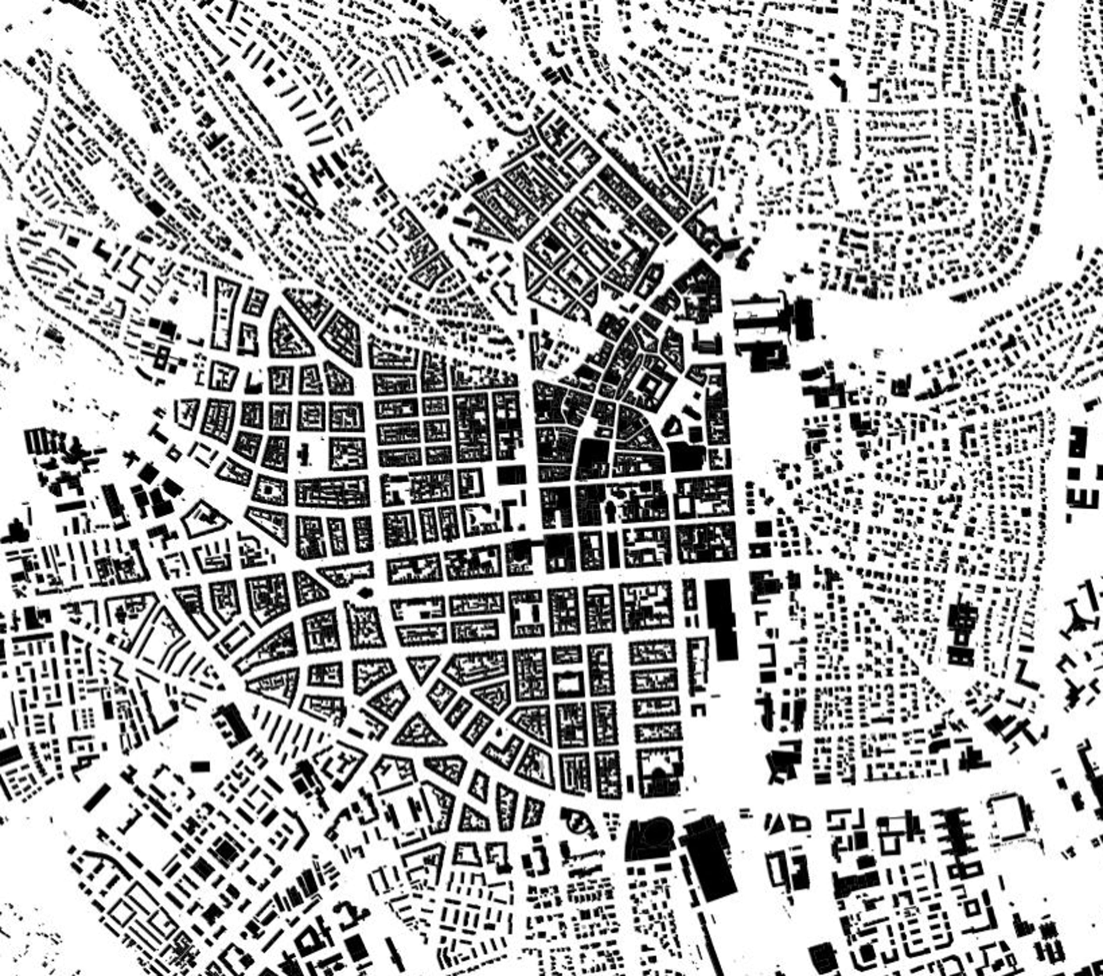Schwarz-weiße Kartenansicht der Stadt Wiesbaden