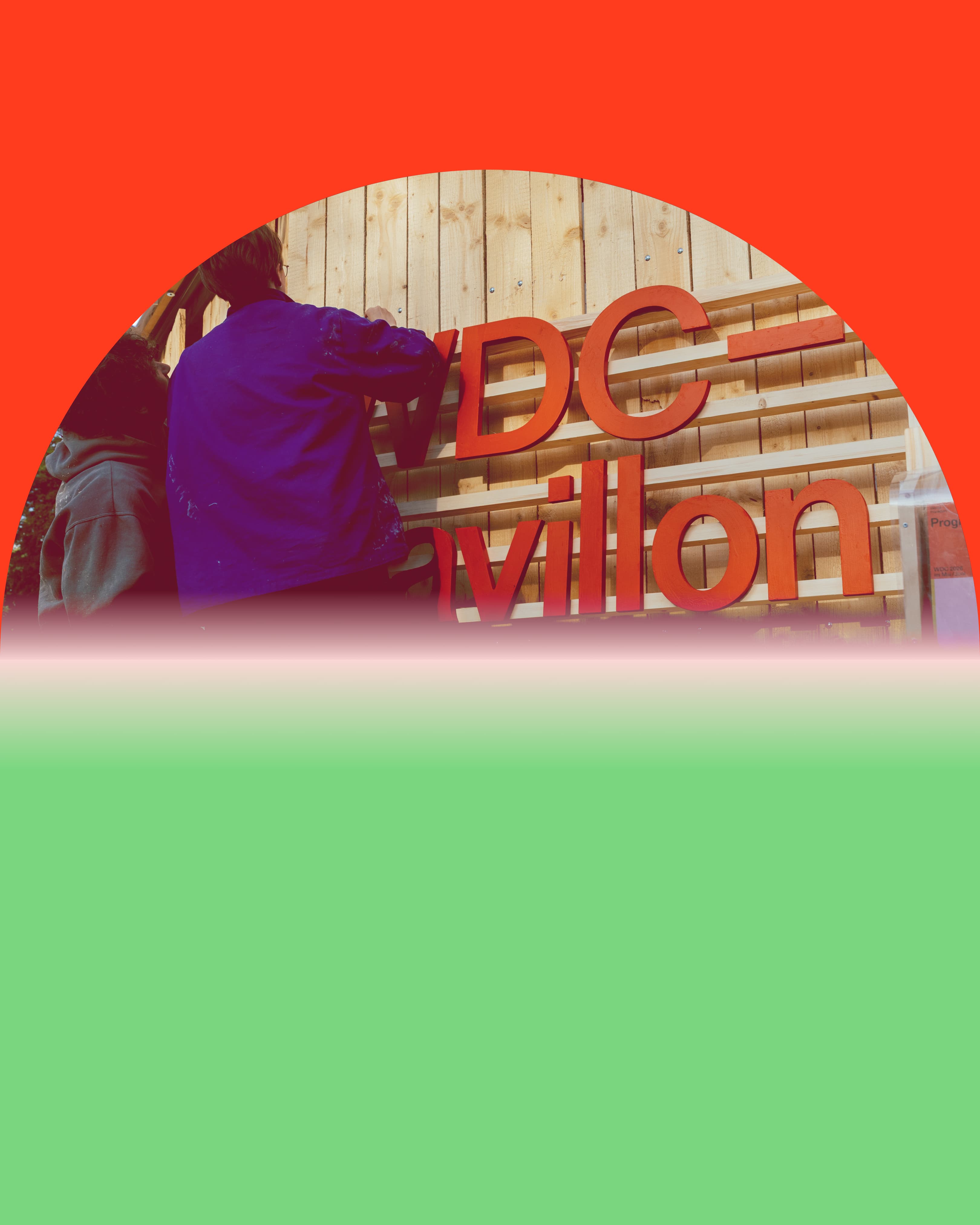 Bunte Grafik mit einem Foto, das eine Person am WDC Pavillon zeigt.