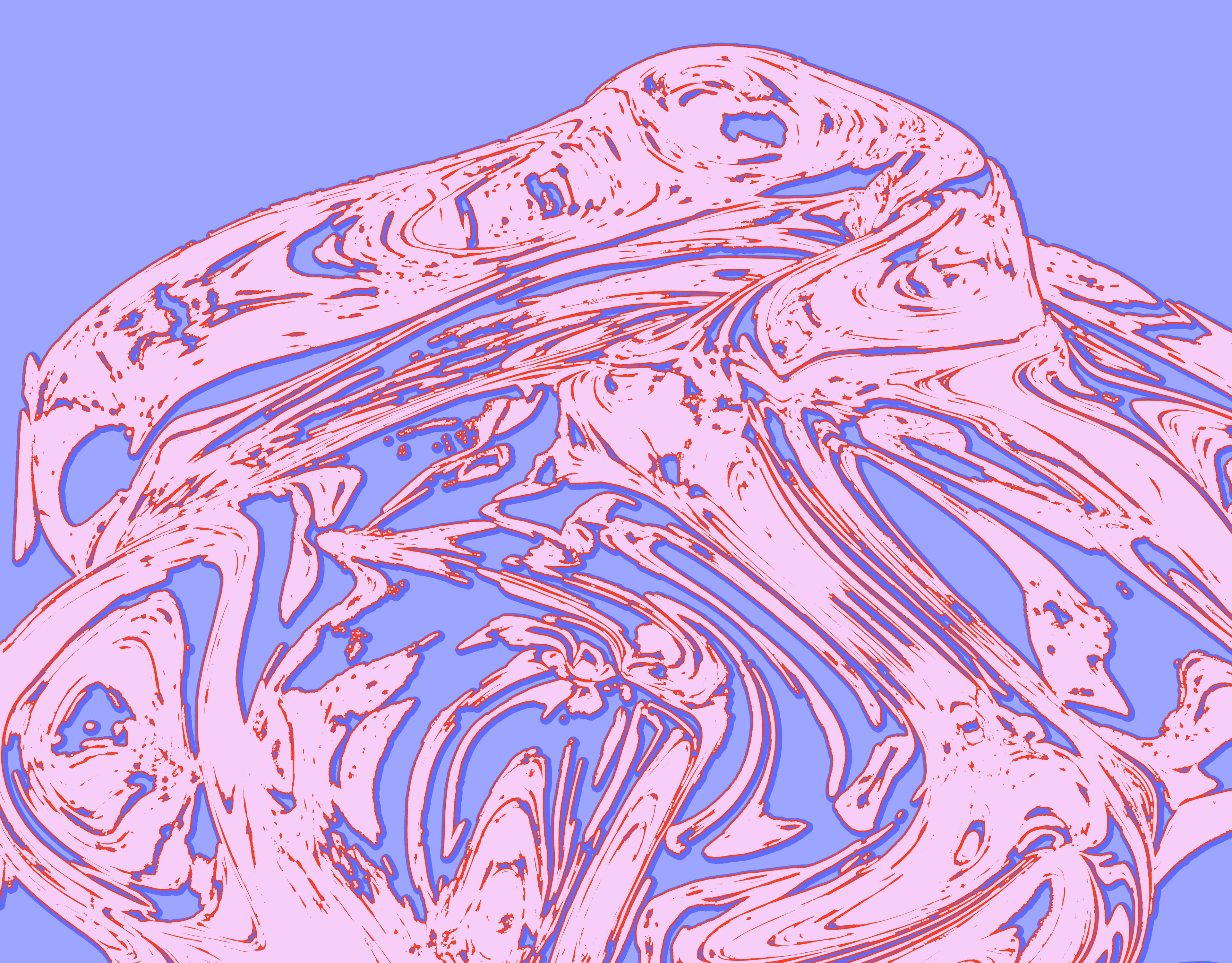 Grafik mit rosa Elementen auf blauem Hintergrund.